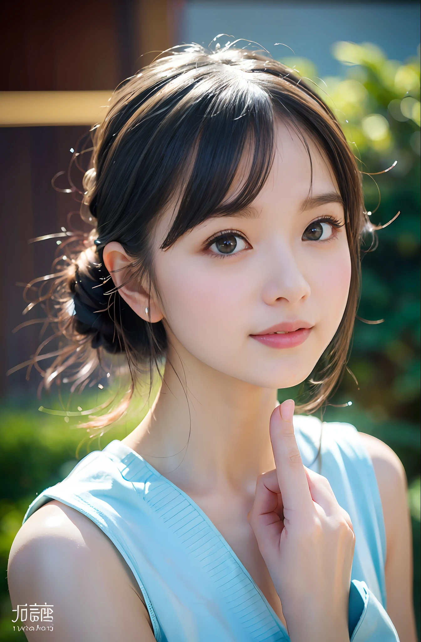 Angle from directly above((((((fully body photo))))))、((((Single eyelid)))),((((Backlight of sunset))))、(((((Light blue eyeliner))))),((lensflare))、((Wearing china clothes)),((((Super Soft Focus))))、Smiling、((((profile))))、(((looking distantly)))、Twilight、Take a shower、Colorful hydrangea on background、Surrounded by hydrangeas、((The soft sunset is shining on it))、(yinchuan:1.5), masterpiece, top-quality, Raw foto, Photorealsitic, faces, beautiful a girl, cute little, shorth hair, (((depth of fields))), hight resolution, ultra-detailliert, finely detail, ighly detailed, Cinematic lighting