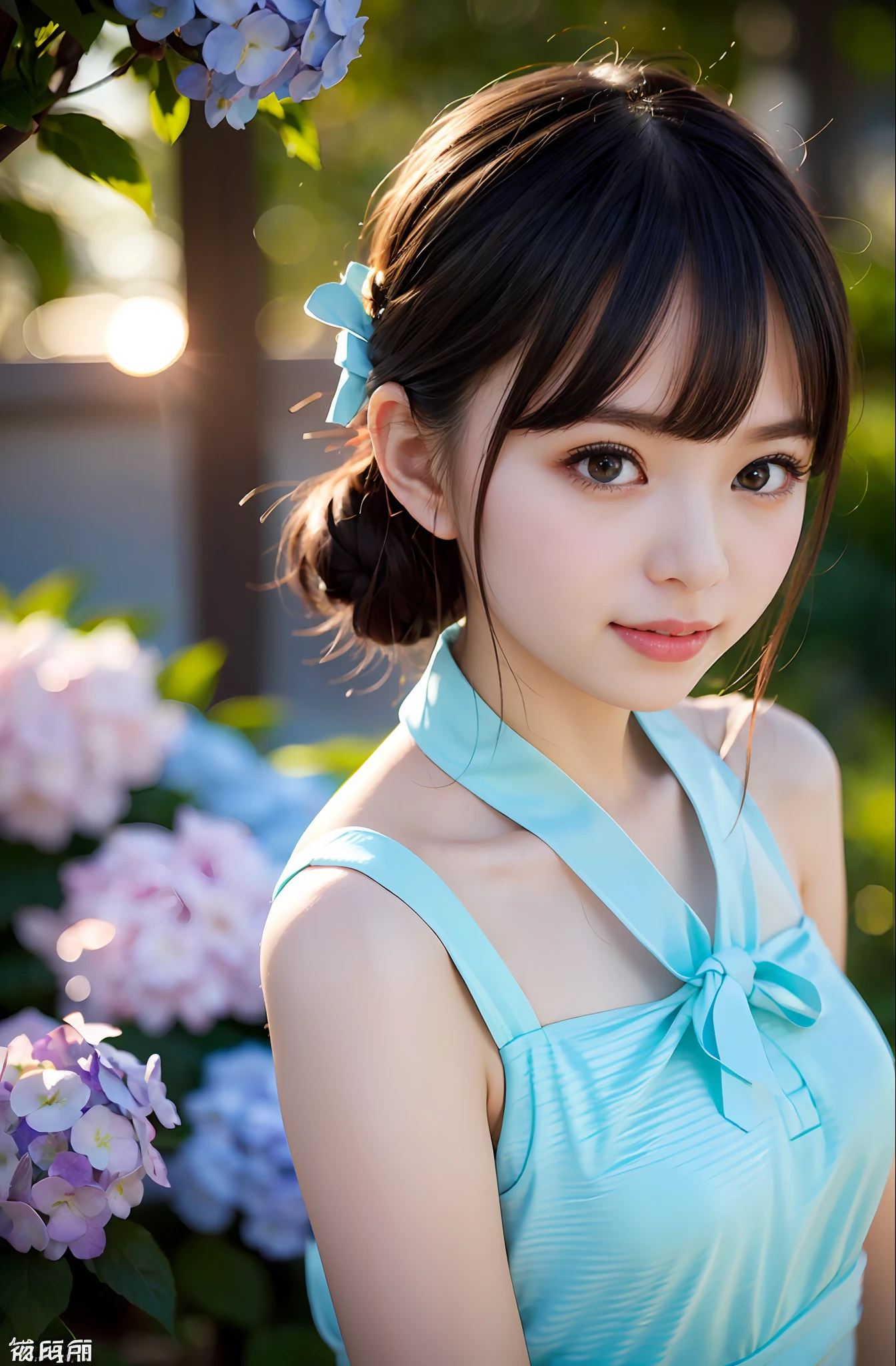 Angle from directly above((((((fully body photo))))))、((((Single eyelid)))),((((Backlight of sunset))))、(((((Light blue eyeliner))))),((lensflare))、((Wearing china clothes)),((((Super Soft Focus))))、Smiling、((((profile))))、(((looking distantly)))、Twilight、Take a shower、Colorful hydrangea on background、Surrounded by hydrangeas、((The soft sunset is shining on it))、(yinchuan:1.5), masterpiece, top-quality, Raw foto, Photorealsitic, faces, beautiful a girl, cute little, shorth hair, (((depth of fields))), hight resolution, ultra-detailliert, finely detail, ighly detailed, Cinematic lighting