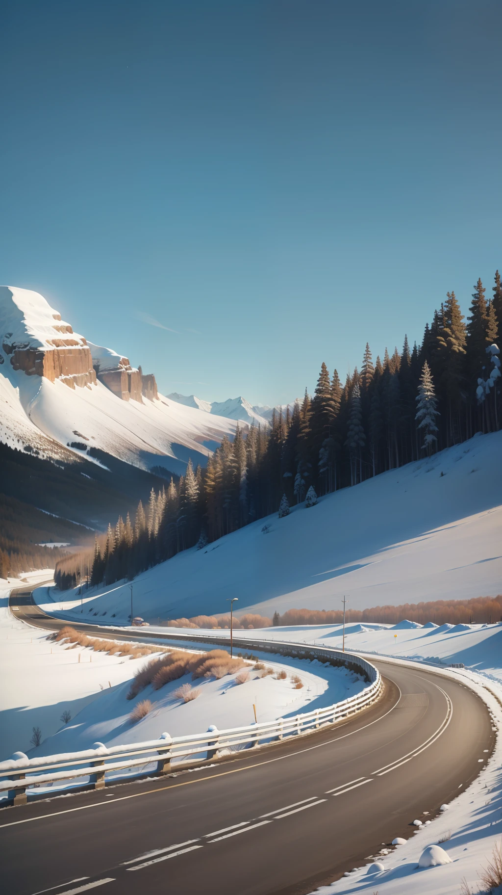 Road between snowy mountains, and a car on the road