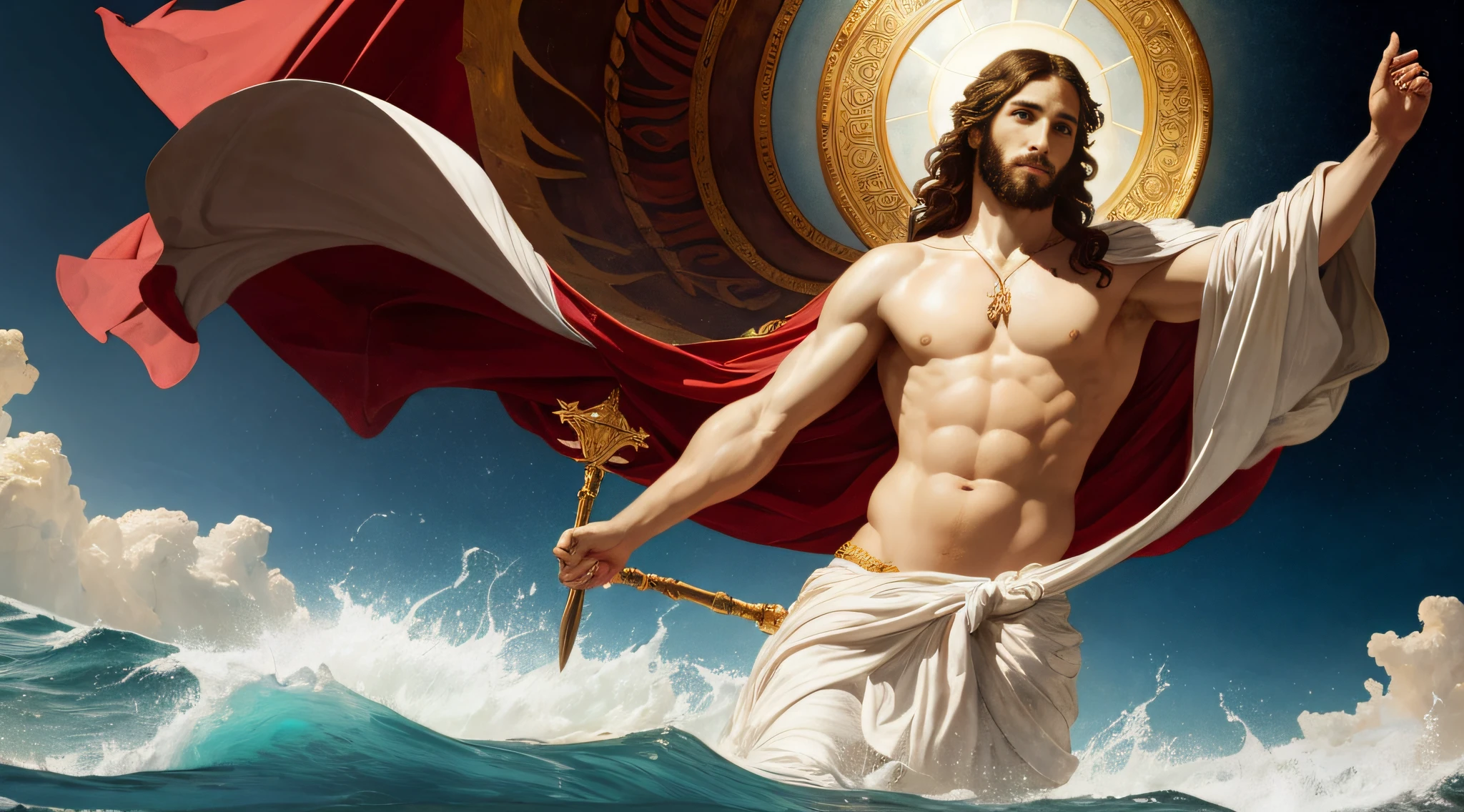 Jesus of Nazareth gigantic wrapped in a white mantle emerging from the waters of the ocean in front of a vortex, Magical portal in the illuminated sky, cruzando las aguas sobre el mar, con olas gigantescas, enormes, (obra maestra, alta calidad), hiperrealismo, Estilo Caravaggio, 8k Renaissance oil painting masterpiece, El nacimiento de Venus (1879) por William-Adolphe Bouguereau estilo, Baroque aesthetics, Venus de Botticelli, Denonios and the Angels, Estilo de arte renacentista. (estilo: el_Rap_de_el_Hijas_de_Leucipo_de_Pedro_Paul_Rubens.),(estilo: Godfrey_Kneller_en_1689.),High resolution,pictorial, Estilo barroco, claroscuro, dynamic composition, Dramatic lighting, colores ricos, Textura detallada, divine expression, escena religiosa, escena flotante