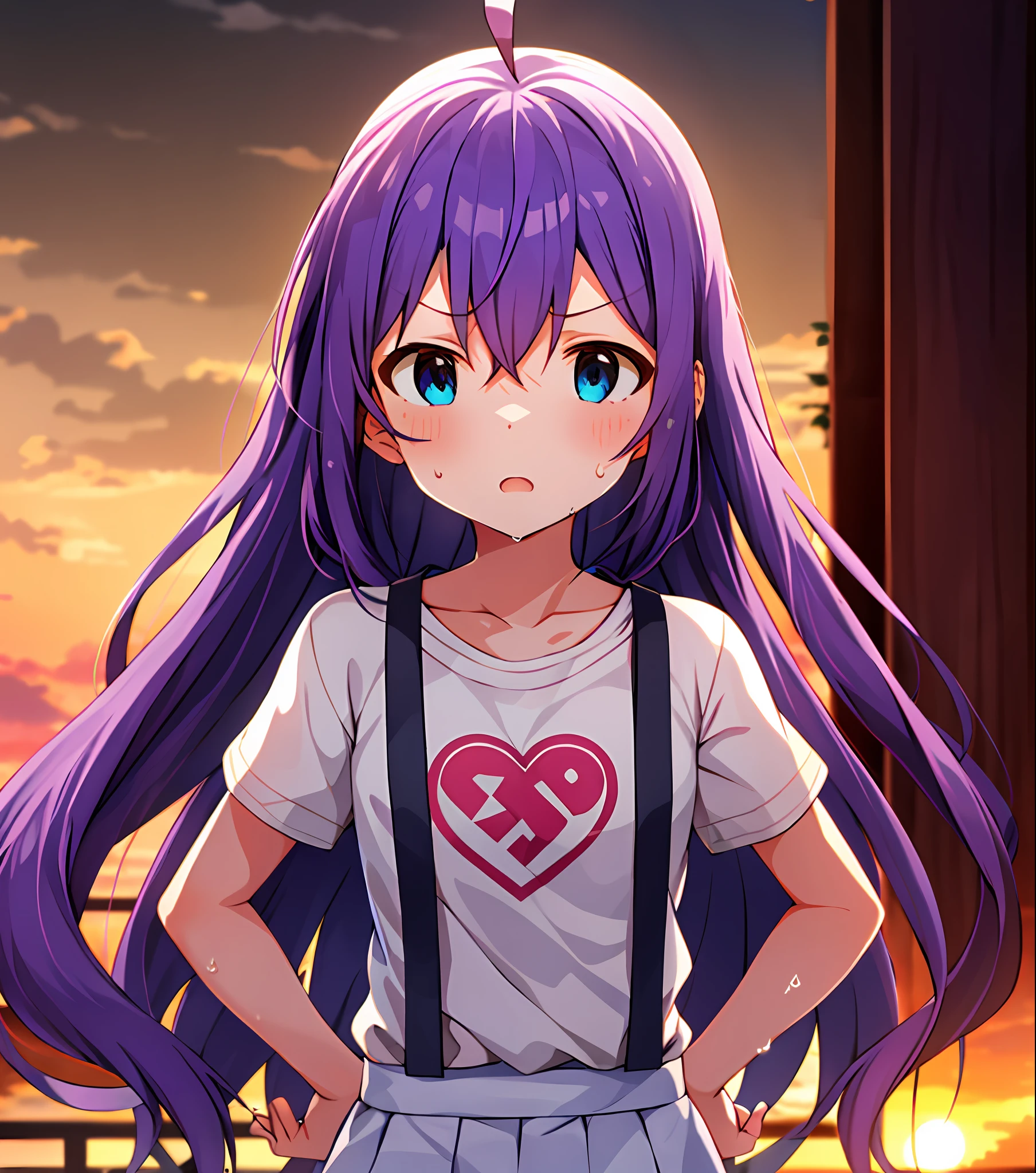 mochizuki anna,1girl in,Solo,Long hair,Purple hair,Medium chest.Ahoge,Blue eyes.Short stature.white t-shirts.suspenders.Skirt.Evening glow.the setting sun.Despair face.Sweat.Opening Mouth.up chest.put hands on the hip.clench your fists.