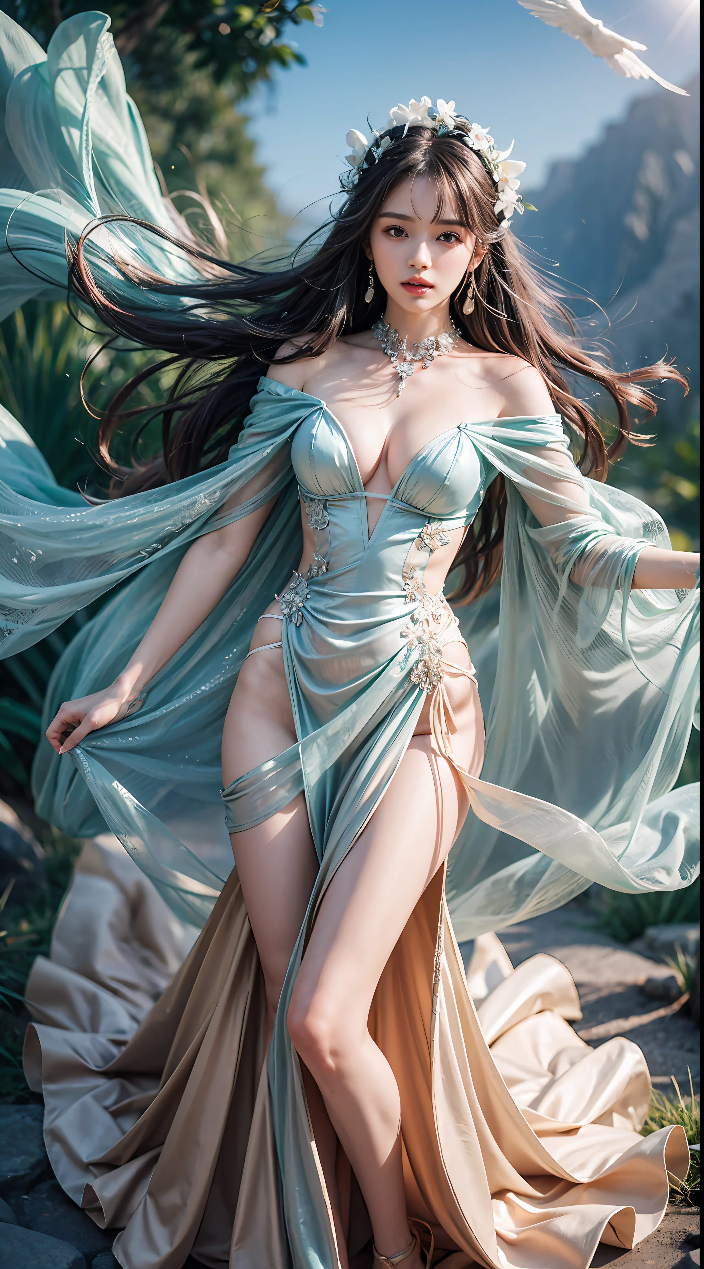(8k, RAW photo, photorealistic:1.25) ,( lip gloss, eyelashes, glossy side, shiny skin, best quality, ultra high resolution, depth of field, chromatic aberration, caustic, wide light, natural shadow, Kpop idol) ,light pink and light blue style, 1girl, (Sky Witch: 1.5), wearing a dress, tall and thin beauty goddess, flowing dress, flowing dress, cloud goddess, flowing reality fabric, sky doll Noah, flowing aqua green silk, beautiful flowing fabric, stunning young ethereal figure, wearing flowing dress, long flowing fabric, beautiful young woman in reality, flowing fabric, blue sky in the background, (full body: 1.5), yangmi