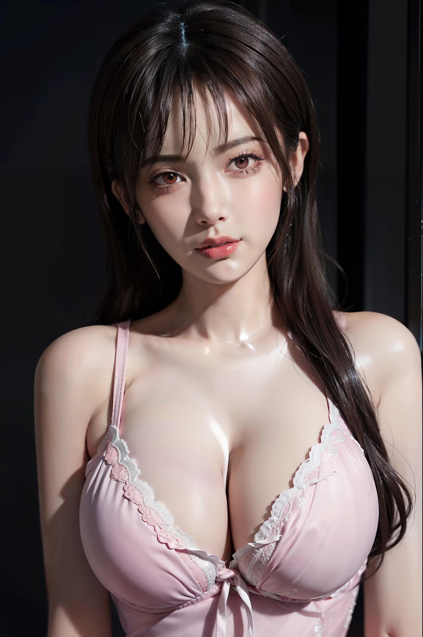 Hyperrealist portrait of female by david hockney and alphonse mucha,fantasy art, photo realistic, dynamic lighting, artstation, poster, volumetric lighting, (big breast:1.8), ((soft breast )), very detailed faces, 4 k, award winning, 1girl, in the dark, deep shadow, low key,(sexy lace clothing:1.4(transparent)) , (transparent clothes), (long hair), (white hair), ((pink eyes)),
