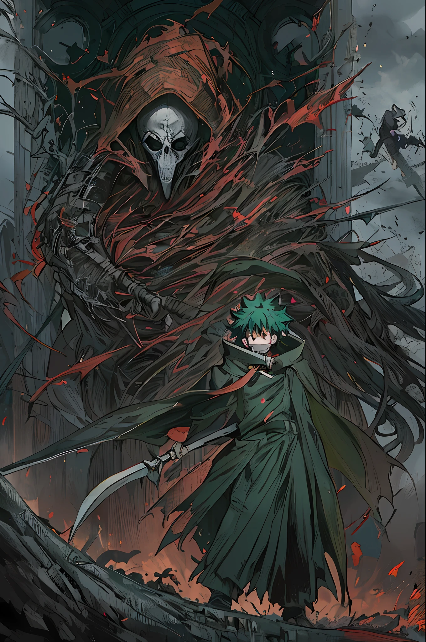 "((masterpiece)), best quality, ultra-detailed, expertly crafted character design, eerie atmosphere, dark and moody lighting, ominous shadows, unique interpretation of grim reaper and plague doctor, (Izuku Midoriya:1.3), (scythe:1.2), (cemetery:1.2), (crimson moon:1.2), (plague:1.2), Escher-style perspective, hauntingly beautiful scene."