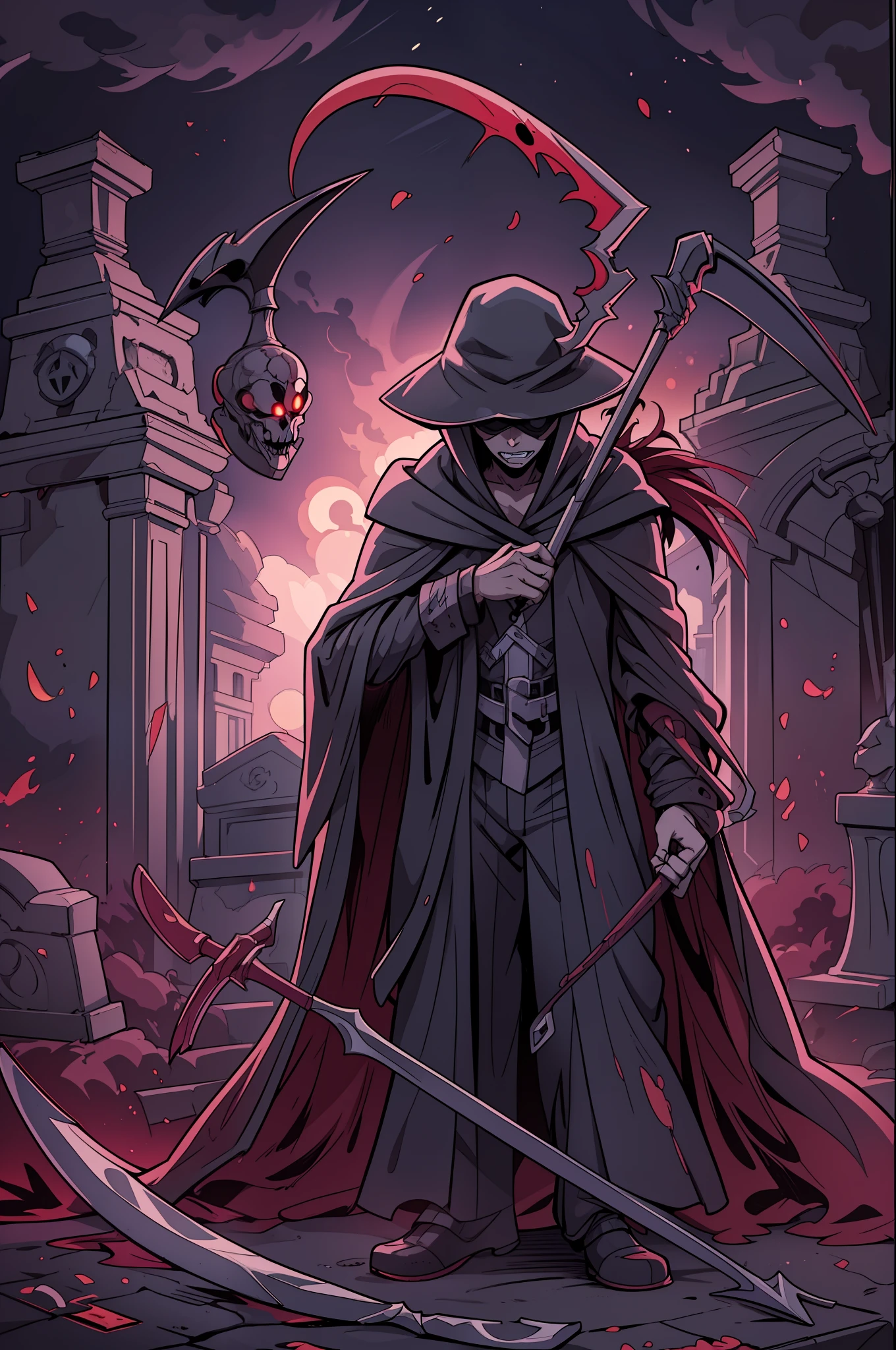 "best quality, ultra-detailed, masterful illustration, Izuku Midoriya as the grim reaper wearing plague doctor's clothes, holding a menacing scythe, standing in a cementary bathed in the crimson moonlight"