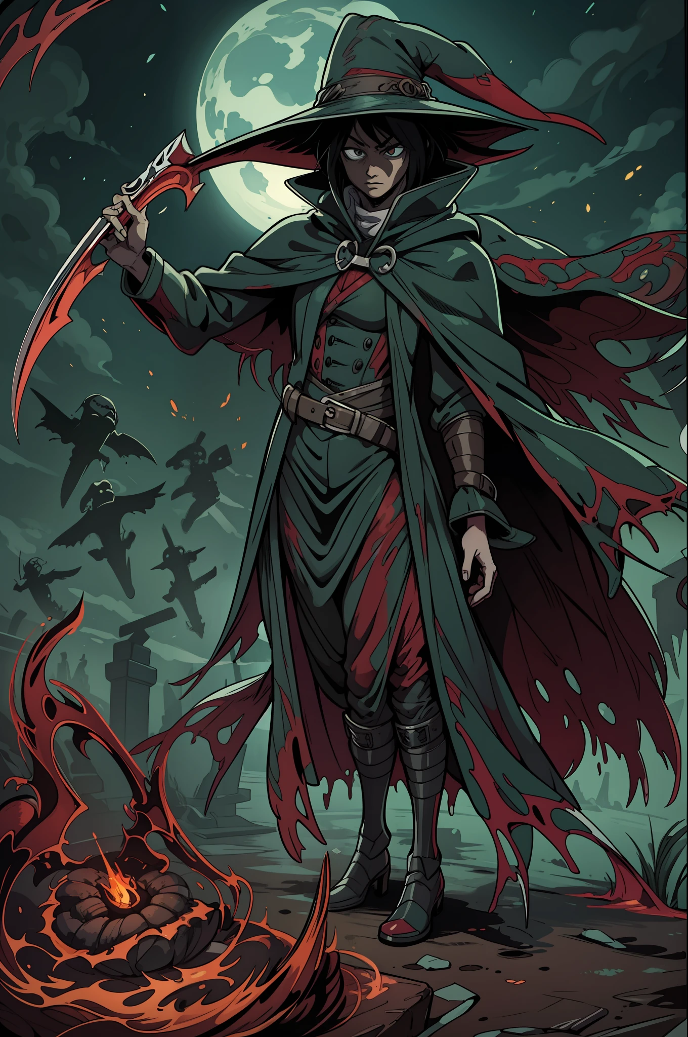 "best quality, ultra-detailed, masterful illustration, Izuku Midoriya as the grim reaper wearing plague doctor's clothes, holding a menacing scythe, standing in a cementary bathed in the crimson moonlight"