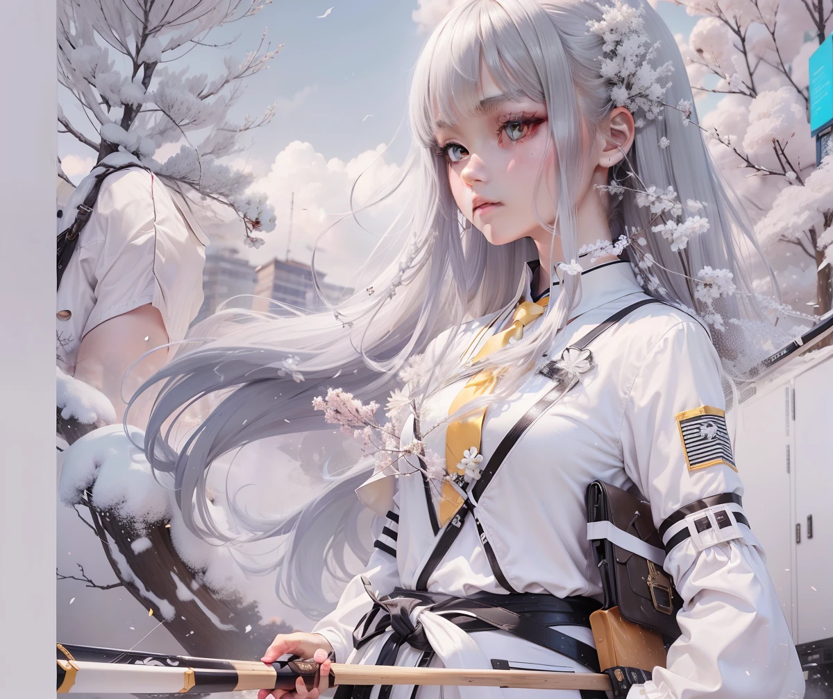 best quality, high resolution, distinct image, 1girl,white long hair,princess cut hairstyle,black Japanese school uniform jacket,white shirt,yellow necktie,grey and white striped/checkered miniskirt(Carrying a Japanese longbow on the back),perfect body, wied hip, narrow waist, full body --auto
