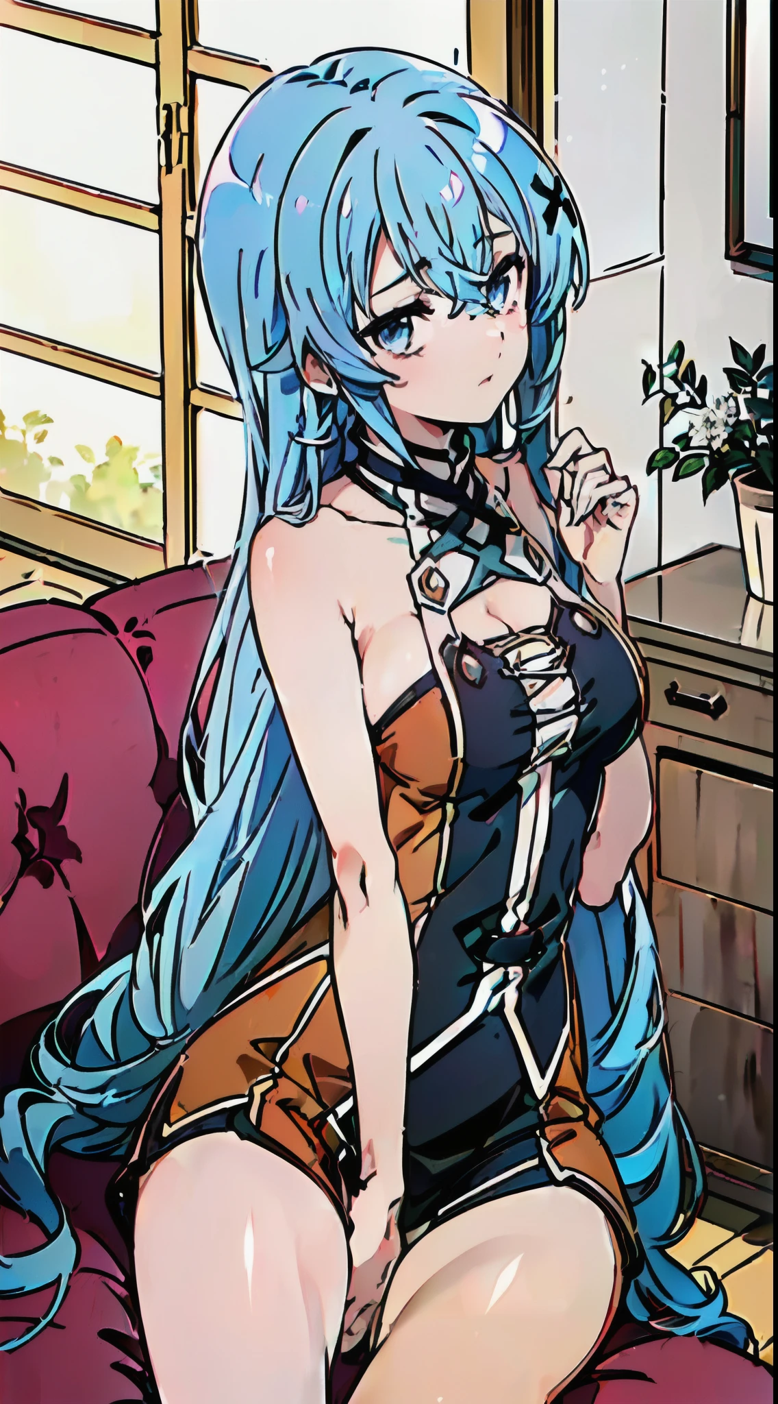 (melhor qualidade), Cenario:(((in a medieval house sitting on a beautiful red sofa))), (((Roxy Migurdia de Mushoku Tensei))), Cabelos longos na cor Azul Bebe, aparencia jovem, olhos azuis brilhantes, pose:(((((((sentada:1.2))))))), pose:(((pernas levemente abertas mostrando um pouco sua calcinha, pernas pouco abertas de forma fofa, pernas abertas de forma timida))), roupa:(((((roupa completa, roupa normal, roupas da roxy migurdia, pernas cobertas, roupa comportada na maior parte do corpo, calcinha exposta, calcinha de cor branca, calcinha branca, tecido da calcinha branco, calcinha em cores brancas, with a black lace))))), (((pernas abertas, calcinha exposta, saia levantada, spread legs))), ((((((saia levantada, calcinha exposta, pernas abertas de uma forma que seja visivel sua calcinha:1.6)))))), (((calcinha branca exposta:1.3)))