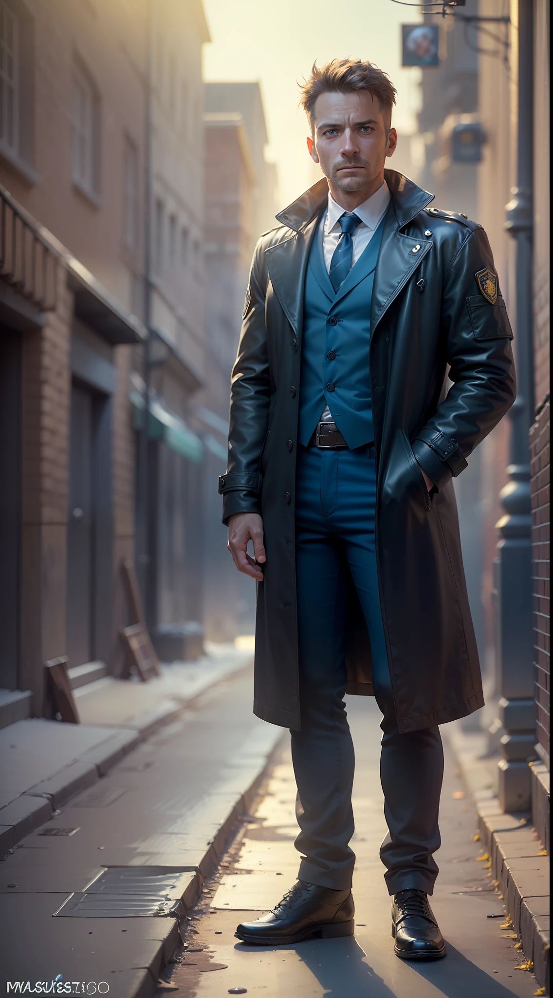 (
(Character: one English man, 40 years old, police, serious expression, short windswept hair, strong body)
(Clothing: blue police coat, tie)
(Pose: full body shot:1.7)
(Background: dark alley at night:1.3, intense urban lights in background, blue color scheme)
(Style: ((masterpiece:1.5)), (face detailed), photo-realistic:1.3, hyperrealistic, film grain, realistic lighting, backlighting:1.3),(sfw)
)