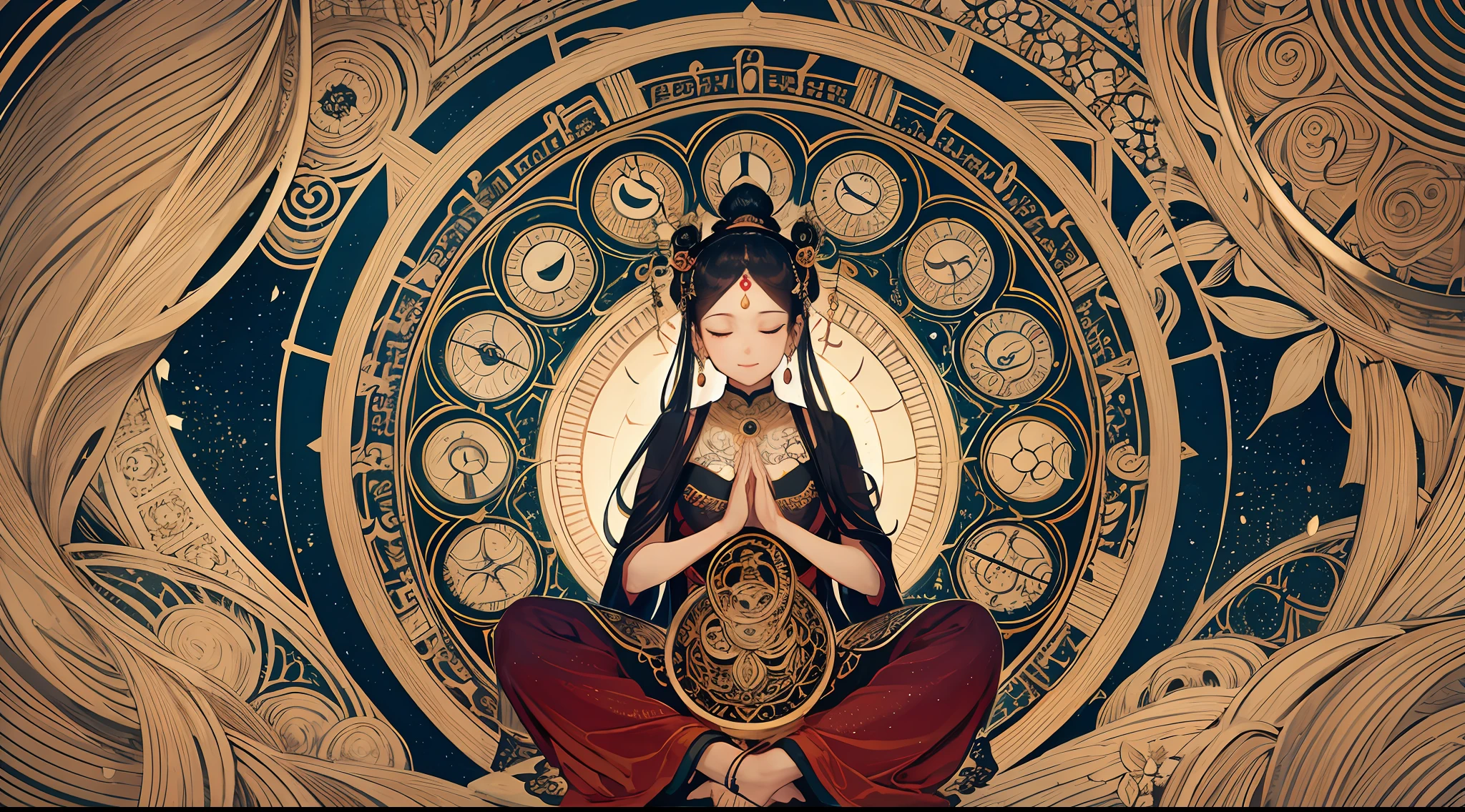Imagine a serene scene inspired by Buddhist philosophy, where a vibrant lotus flower stands against a backdrop of rich yellow hues. The lotus, symbolizing purity and enlightenment, blooms with intricate petals that exude a sense of tranquility. As you gaze deeper into the image, you notice the arrangement resembling a mandala, with the twelve zodiac signs gracefully positioned like the hands of a clock. This fusion of Buddhist symbolism and astrological elements creates a harmonious blend, inviting contemplation and a sense of timeless connection.