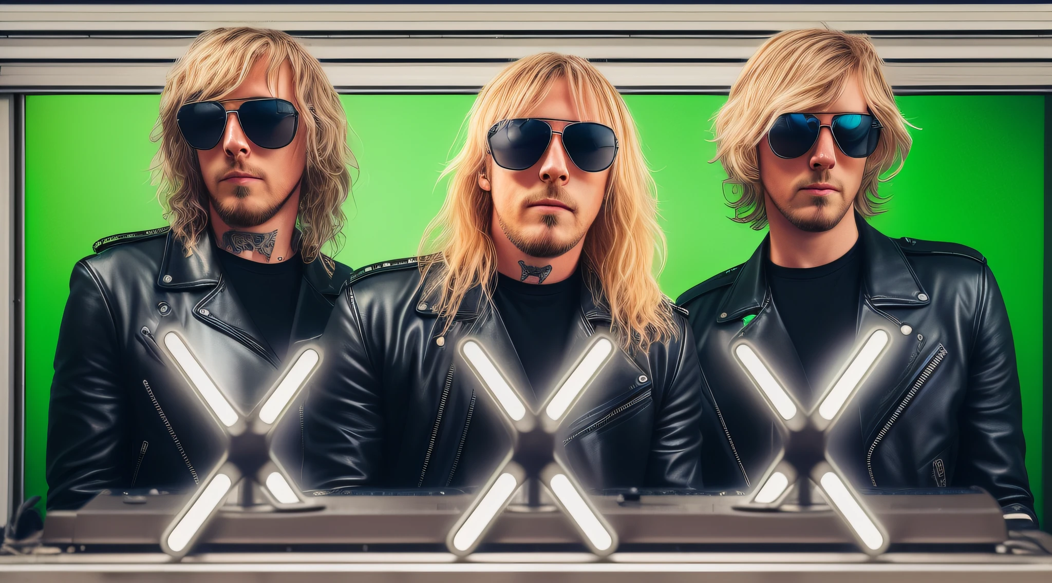 3 BLONDE BOYS LONG HAIRED, in black leather jackets and sunglasses, HALF BODY, SOFT GREEN BACKGROUND LIGHTS, posing for a photo, high quality photo, very low quality image, heavy rock band promotional photo, phosphorescent, heavy metal band promo, photo of a promotional session, very high quality, war photo, the scooter (EDM band, sinister vibe, the name of the band is Roborock