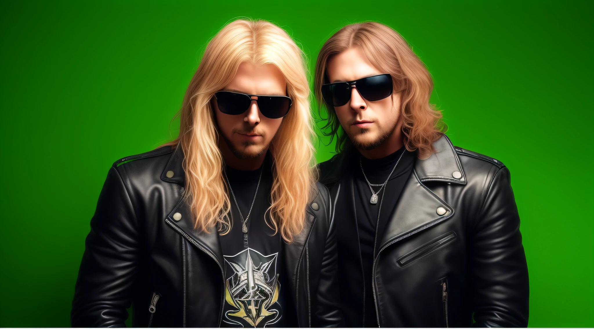 3 BLONDE BOYS LONG HAIRED, in black leather jackets and sunglasses, HALF BODY, SOFT GREEN BACKGROUND LIGHTS, posing for a photo, high quality photo, very low quality image, heavy rock band promotional photo, phosphorescent, heavy metal band promo, photo of a promotional session, very high quality,  war photo, the scooter (EDM band, sinister vibe, the name of the band is Roborock