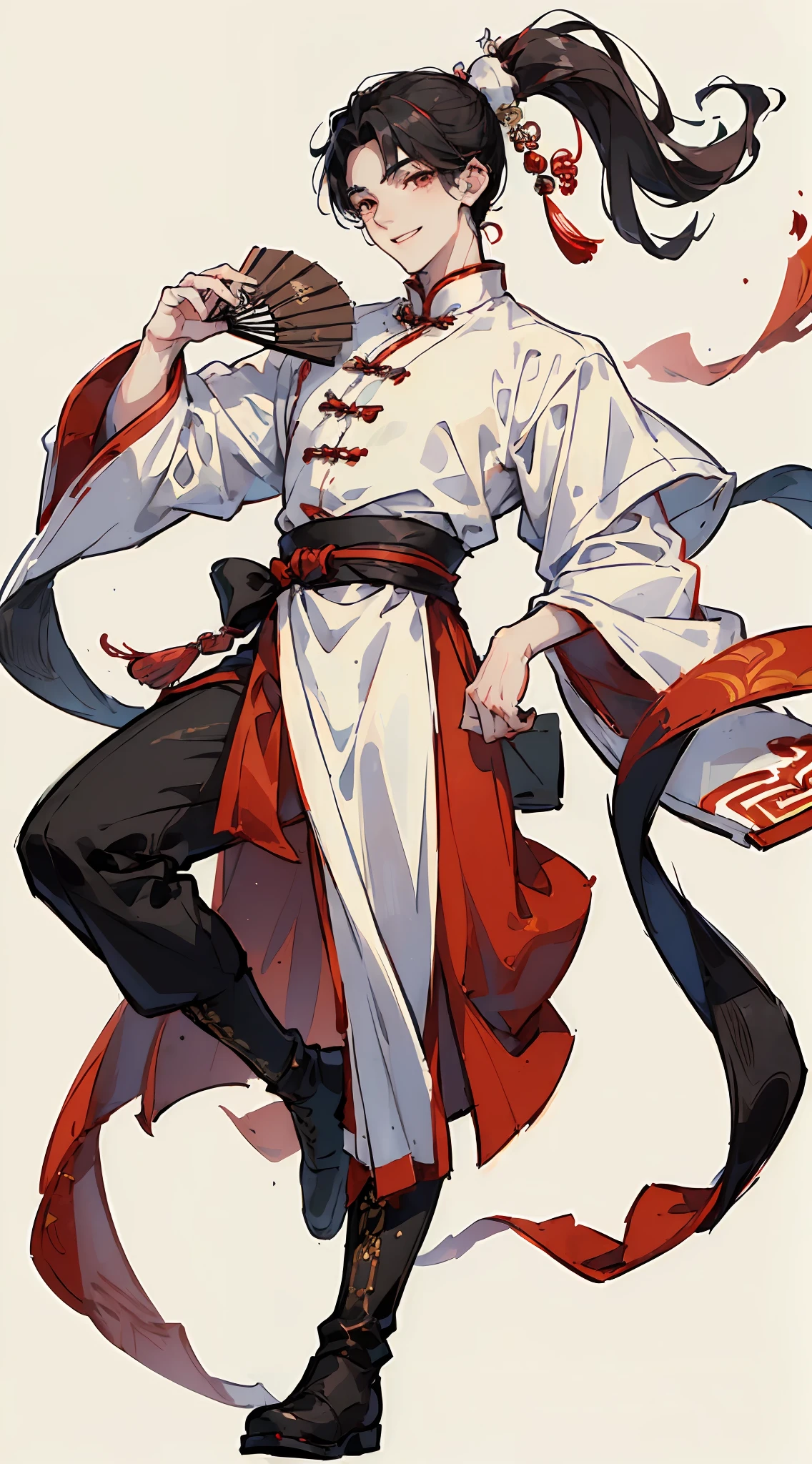 (Handsome Chinese young boy:1.5) with (high ponytail) and (black hair), wearing (red Round neck hanfu), holding a (big white Chinese folding fan:1.2), (smiling) confidently, (black belt) neatly tied around his waist, (black boots) on his feet.