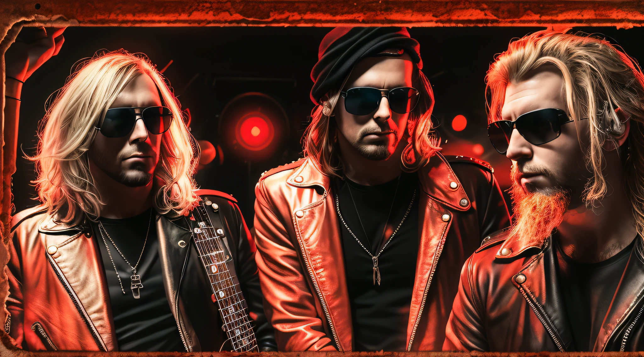 3 BLONDE BOYS LONG HAIRED, in black leather jackets and sunglasses, HALF BODY, SOFT RED BACKGROUND LIGHTS, posing for a photo, high quality photo, very low quality image, heavy rock band promotional photo, phosphorescent, heavy metal band promo, photo of a promotional session, very high quality,  war photo, the scooter (EDM band, sinister vibe, the name of the band is Roborock