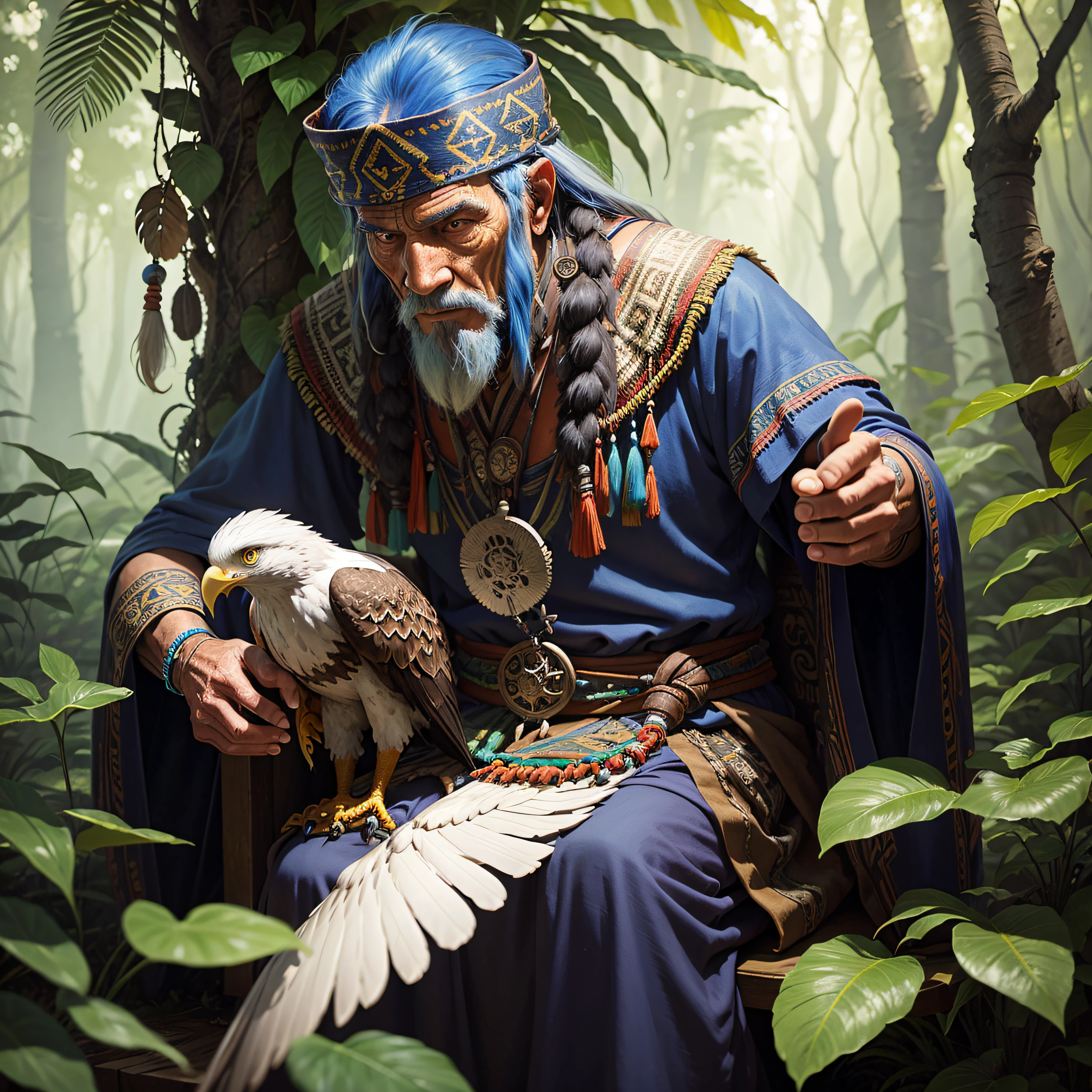old shaman man and his eagle, mystic, jungle background, photorealistic , detailed --auto