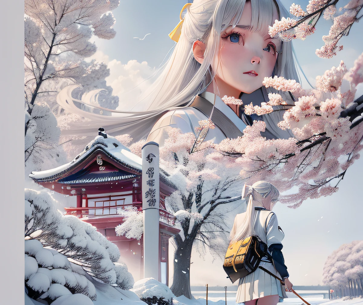 best quality, high resolution, distinct image, 1girl,white long hair,princess cut hairstyle,black Japanese school uniform jacket,white shirt,yellow necktie,grey and white striped/checkered miniskirt(Carrying a Japanese longbow on the back),perfect body, wied hip, narrow waist, full body --auto
