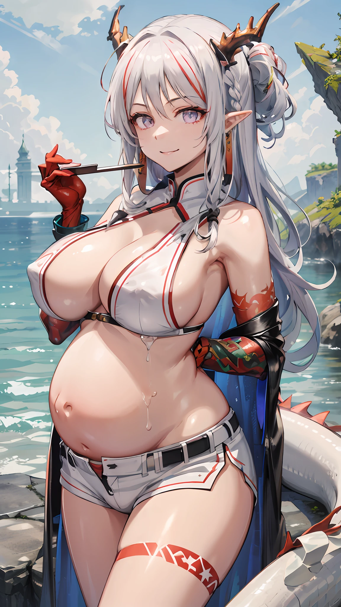 (tmasterpiece,best qualtiy),((1girll,(a matural female)long whitr hair),(Dragon's horn)),(arms behind the back,looking at viewert,Light smile,cropped shoulders,cowboy lens),(color difference),Pregnant women with,huge tit,Showing the belly,Tong,shot on the body,The white liquid is drizzled all over the body,nipple bump(nakeness:1.3)