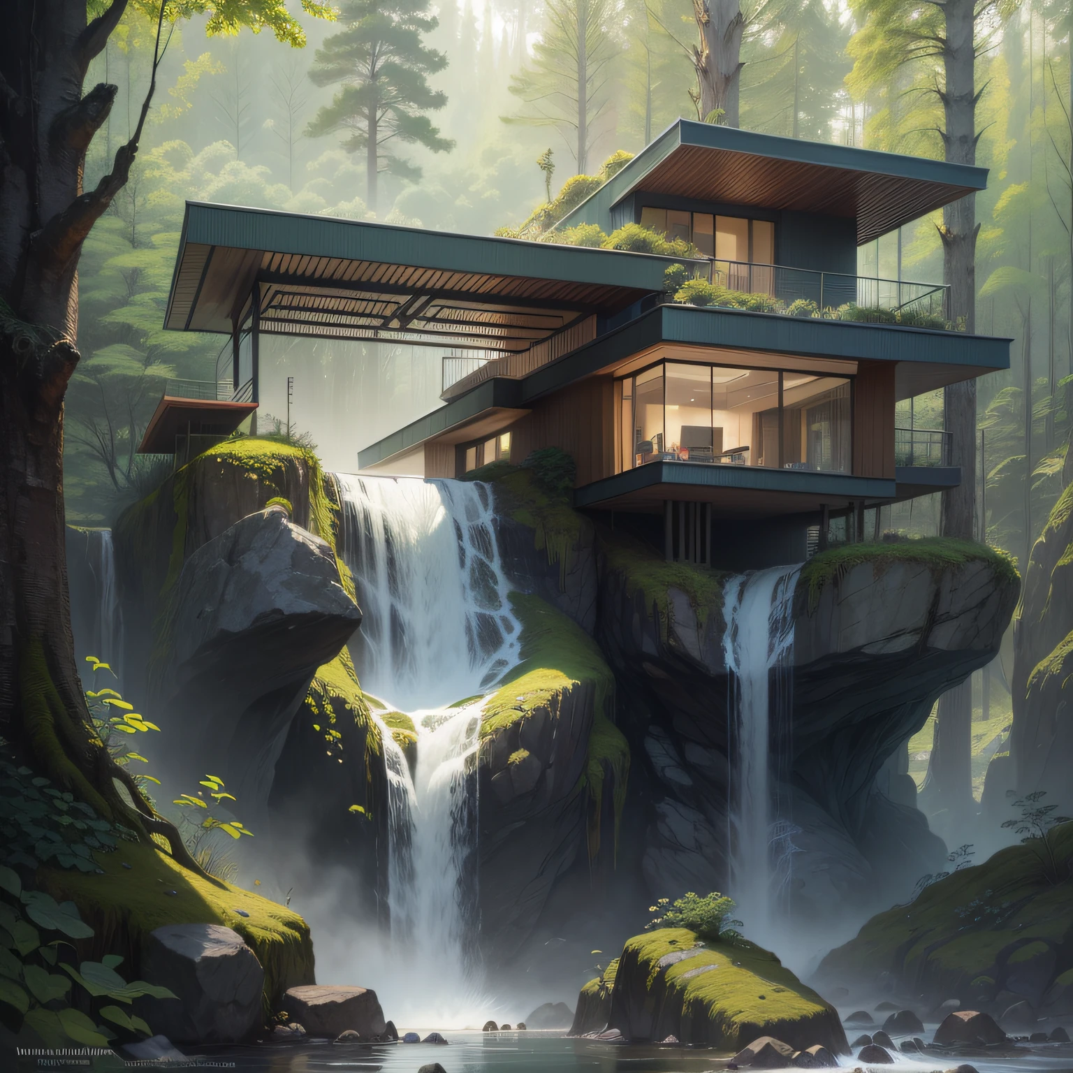 Uma cachoeira em frente a uma casa moderna na floresta, a digital rendering by Maginel Wright Enright Barney, Pinterest, Modernismo, provia, creative commons attribution, biomorphic