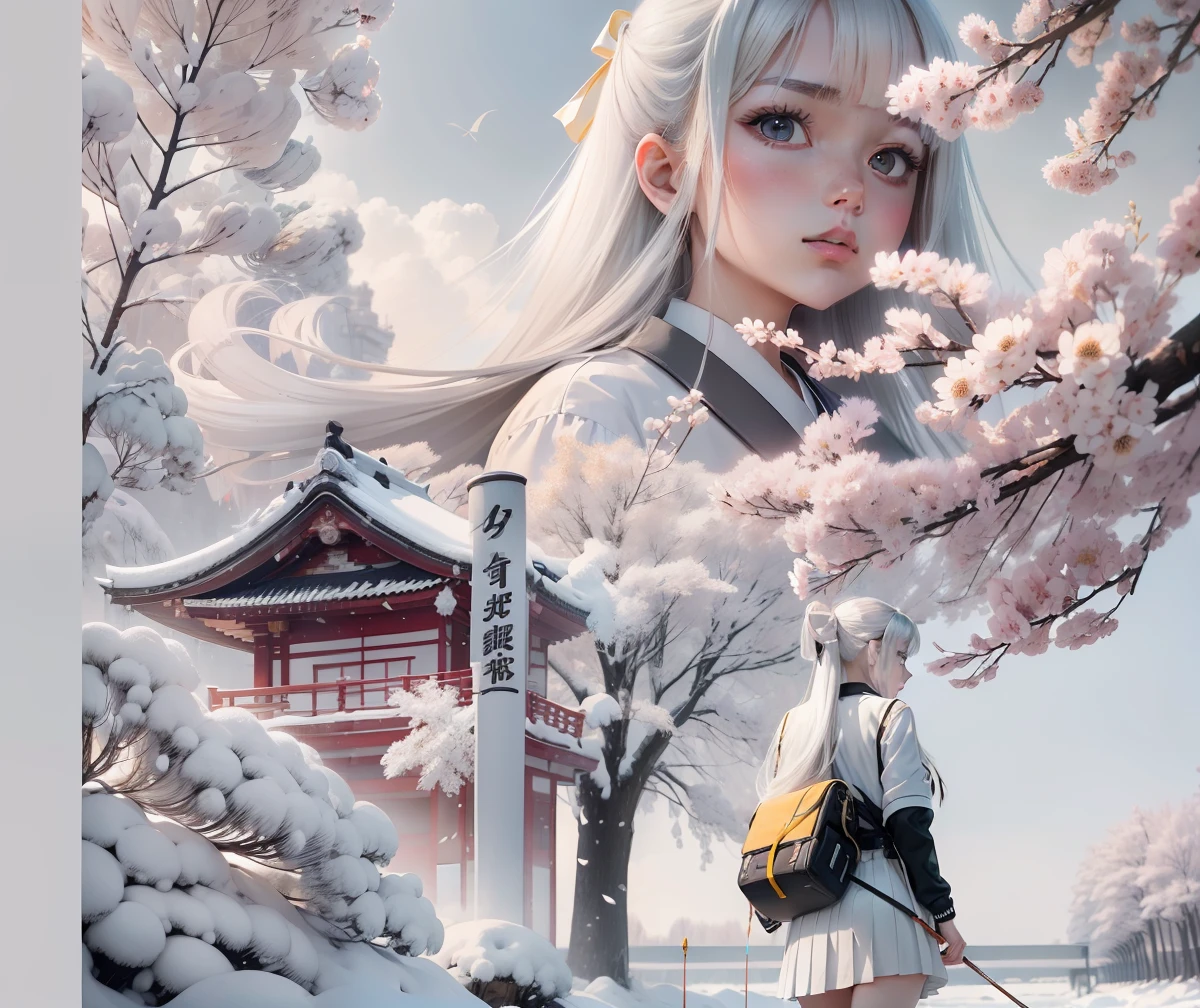 best quality, high resolution, distinct image, 1girl,white long hair,princess cut hairstyle,black Japanese school uniform jacket,white shirt,yellow necktie,grey and white striped/checkered miniskirt(Carrying a Japanese longbow on the back),perfect body, wied hip, narrow waist, full body --auto