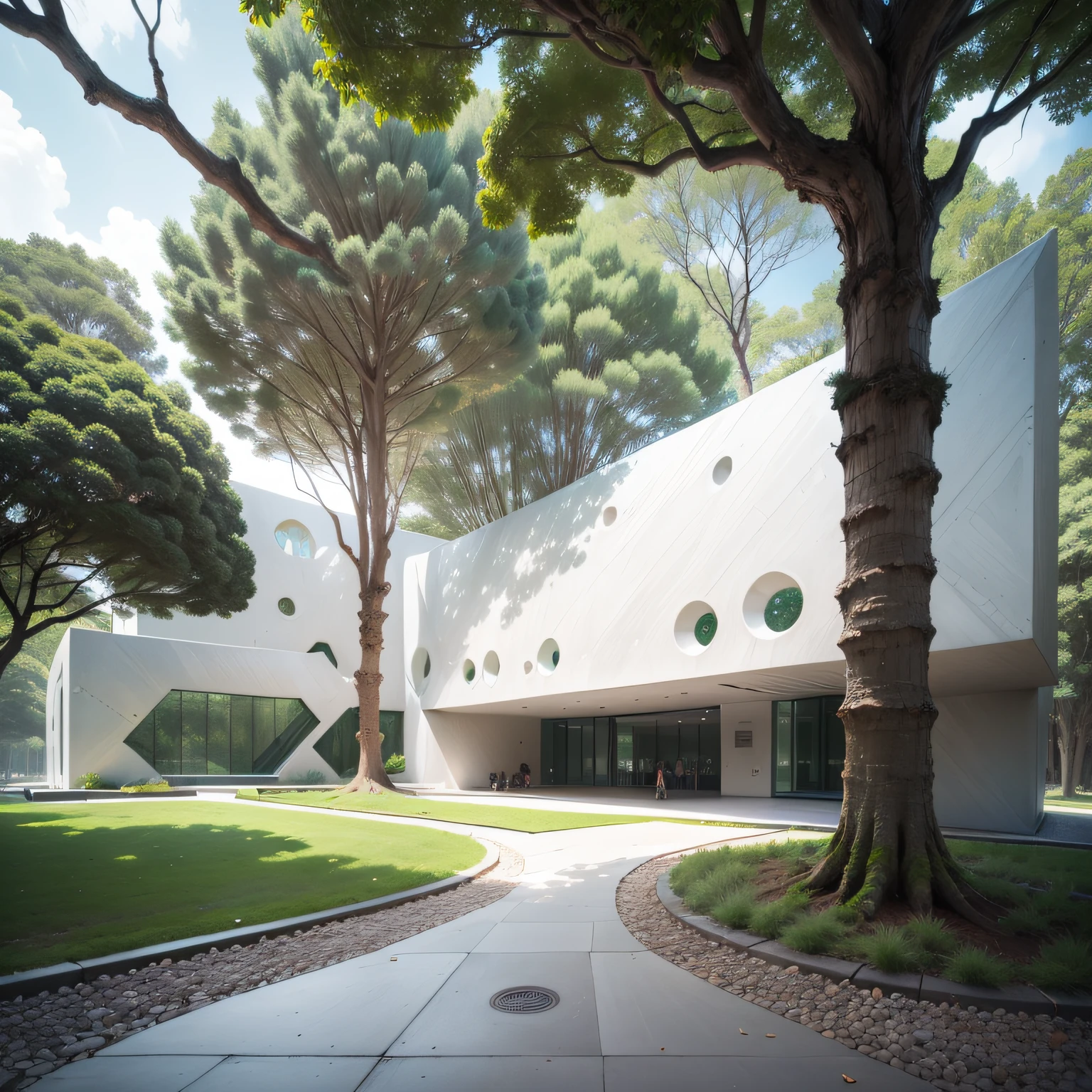 Um museu modeno, futuristic white concrete, com muito vidro nas fachadas, no maior da floresta, por Tadao Ando, organic form — ar 16: hiperealismo