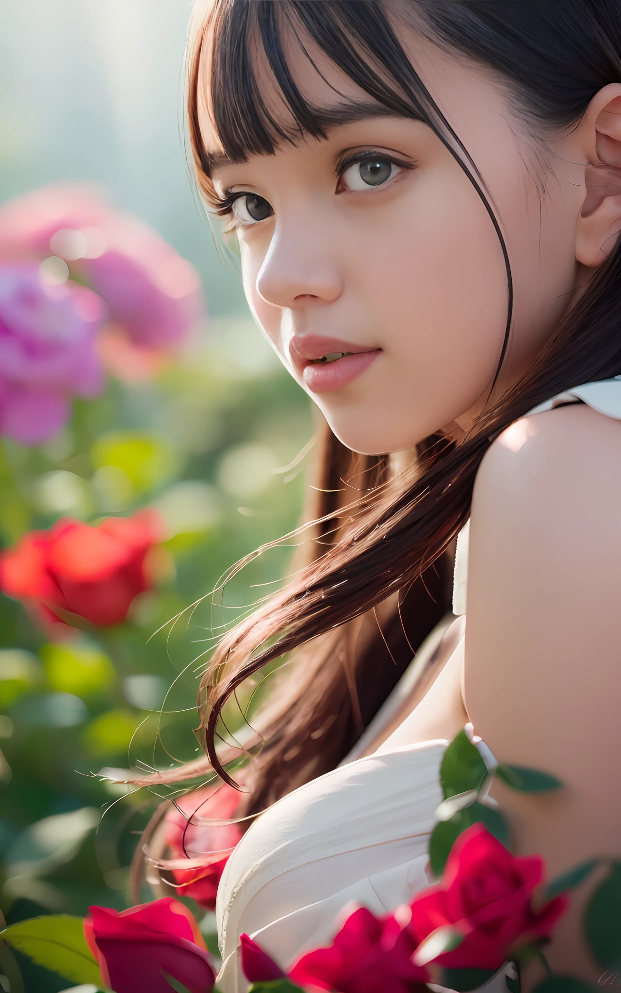 slim body, 20 years old, twilight rays, wedding dress, corolla, ((Tokugawaen)), rose front bokeh, bokeh, photorealistic, surrounded by red roses, background, dark, smiling, (one girl), (sunset: 1.3), (8k, raw photography, best quality, masterpiece: 1.2), (realistic, photorealistic: 1.37), best quality, ultra high resolution, (focus surface:1.8), (Portrait:1.7), (Intense:1.1), (Details:1.1), (Highest Quality), (Analog:1.2), (High Sharp), Canon EOS R Photography, (Summer Dress:1.4), (Standing in a Flower Garden:1.3), (Vivid and Colorful:1.3)