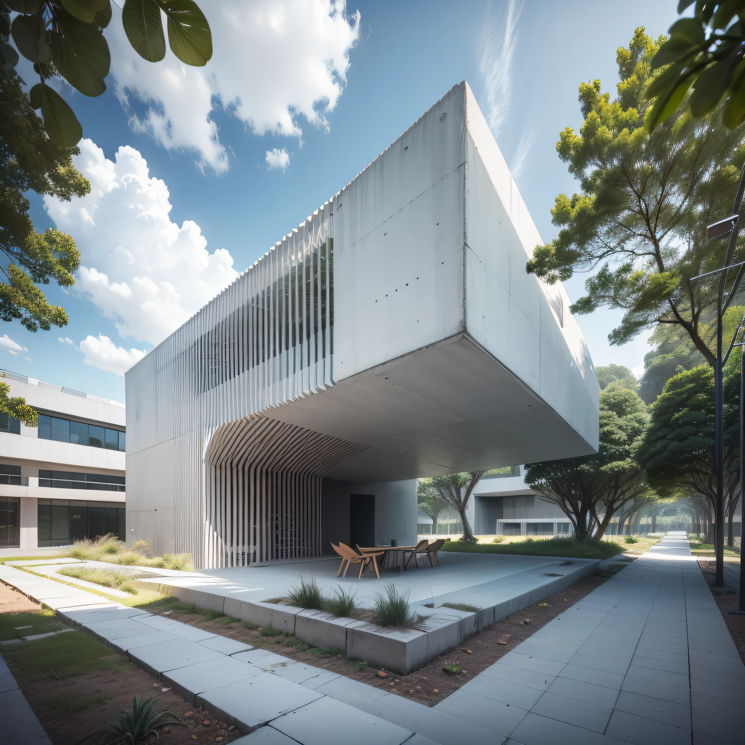 Um museu modeno, futuristic white concrete, com muito vidro nas fachadas, no maior da floresta, por Tadao Ando, organic form — ar 16: hiperealismo