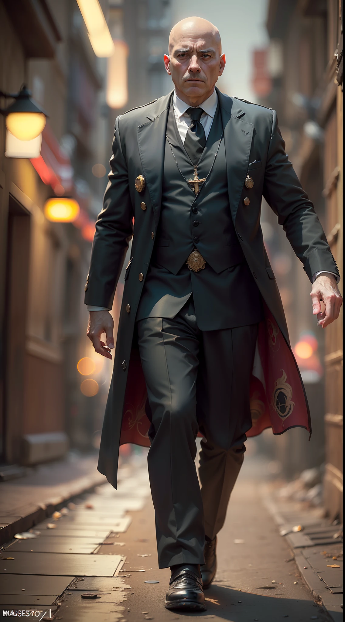 ( 
    (Character: one italian man, 70 years old, exorcist, serious face,bald),(sfw:1.3)
    (Clothing: Priest's vest, holy symbols)
    (Pose: full body shot:1.7, holding a wooden rosary)
    (Background: dark alley at night:1.3, intense urban lights in background, black color scheme) 
    (Style: ((masterpiece:1.5)), (face detailed), photo-realistic:1.3, hyperrealistic, film grain, realistic lighting, backlighting:1.3)
)