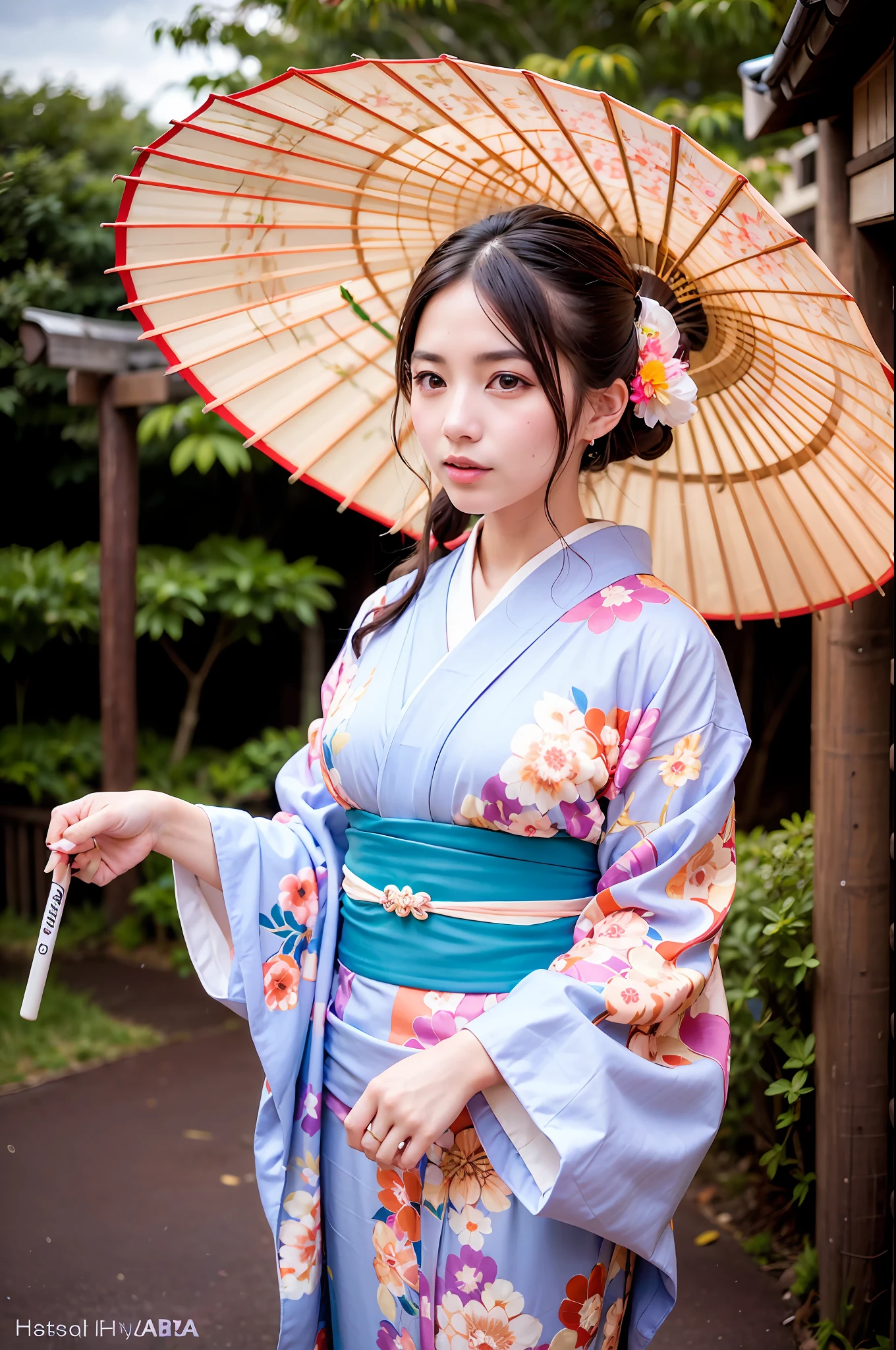 woman, (wearing colorful kimono_clothes:1.3), holding umbrella, 
good hand,4k, high-res, masterpiece, best quality, head:1.3,((Hasselblad photography)), finely detailed skin, sharp focus, (cinematic lighting), night, soft lighting, dynamic angle, [:(detailed face:1.2):0.2], medium breasts, outside,