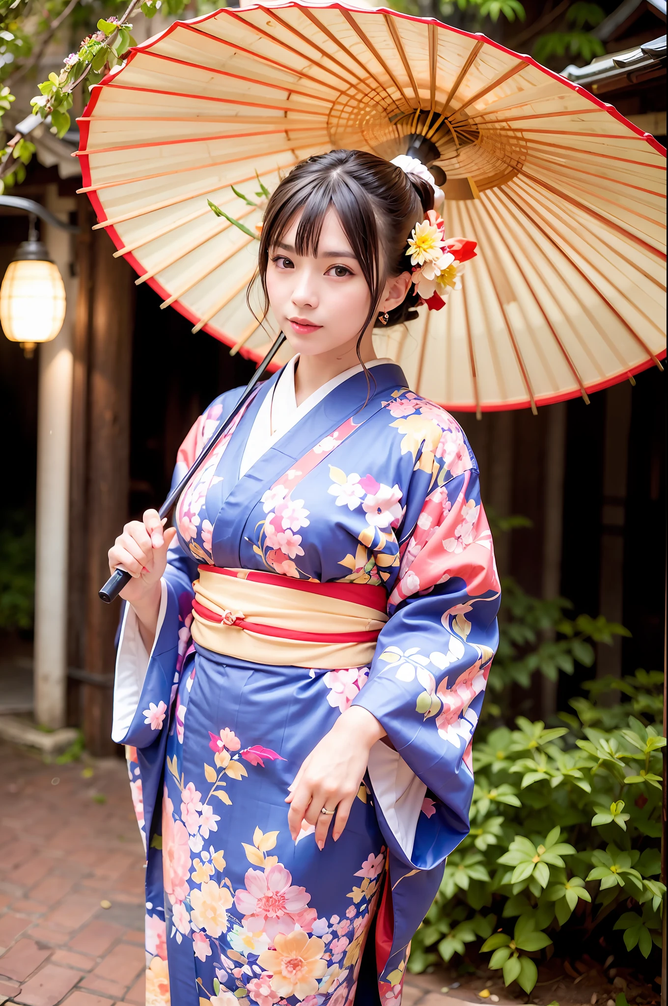 woman, (wearing colorful kimono_clothes:1.3), holding umbrella, 
good hand,4k, high-res, masterpiece, best quality, head:1.3,((Hasselblad photography)), finely detailed skin, sharp focus, (cinematic lighting), night, soft lighting, dynamic angle, [:(detailed face:1.2):0.2], medium breasts, outside,
