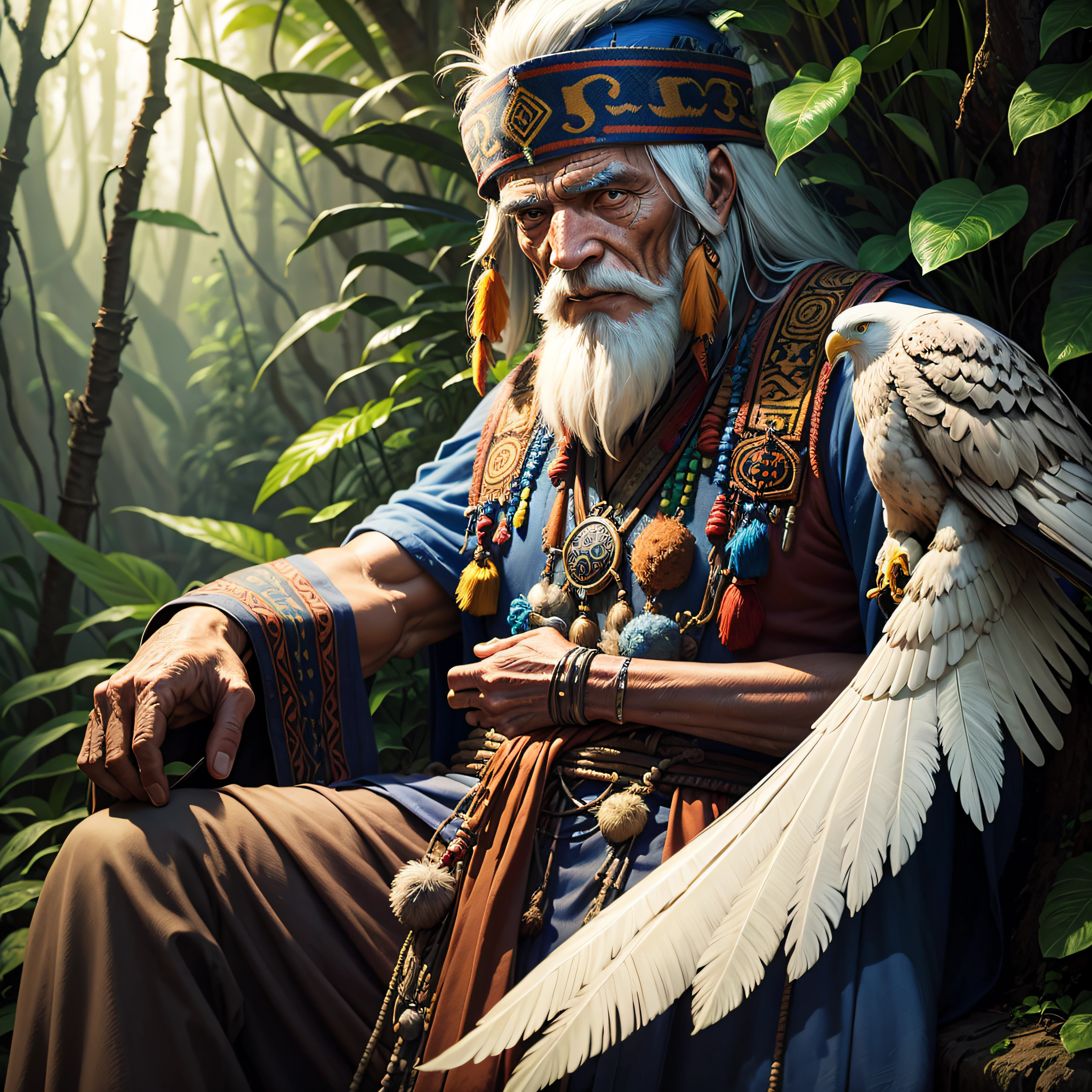 old shaman man and his eagle, mystic, jungle background, photorealistic , detailed --auto