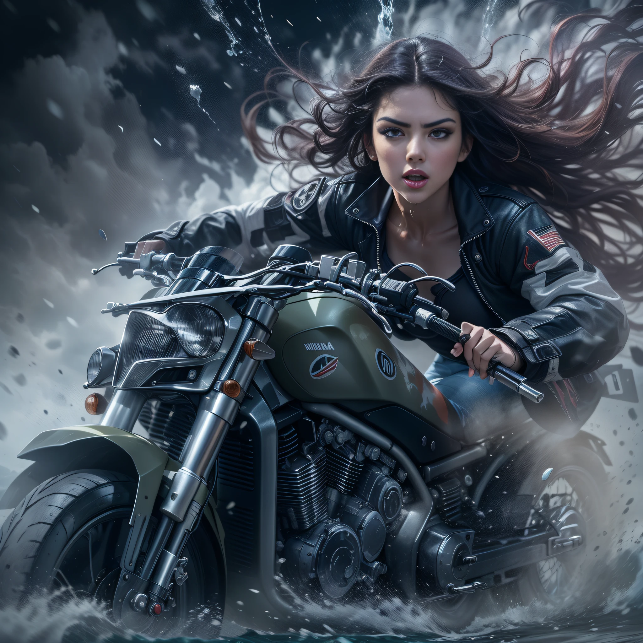 engine, fantastica, beautiful woman, action poses, full body, Nina North style melted in speed motorcicle, ina cloudy nebula, splash , liquid style. Perfect faces, amazing body, High definition 8K engine