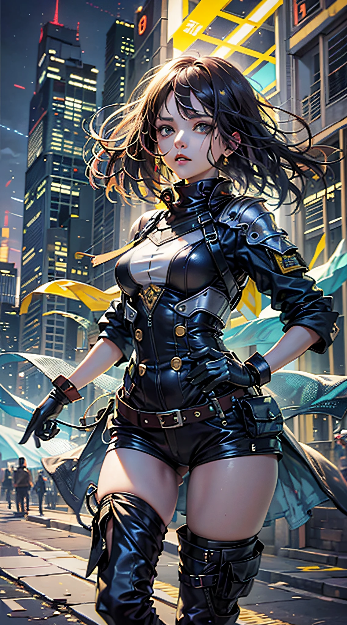 Mulher de corpo inteiro, Facial expression of determination, vestida com Top Regata ((azul)), (((Short cargo feminino))), Botas de Combate, Coldre e Cinto, imagem super detalhada, cabelo com rabo de cavalo (((preto))), correndo em uma ponte , cabelo ultra detalhado, efeitos visuais, flashs de luzes, paris, efeito de movimento, baton (vermelhor) --auto