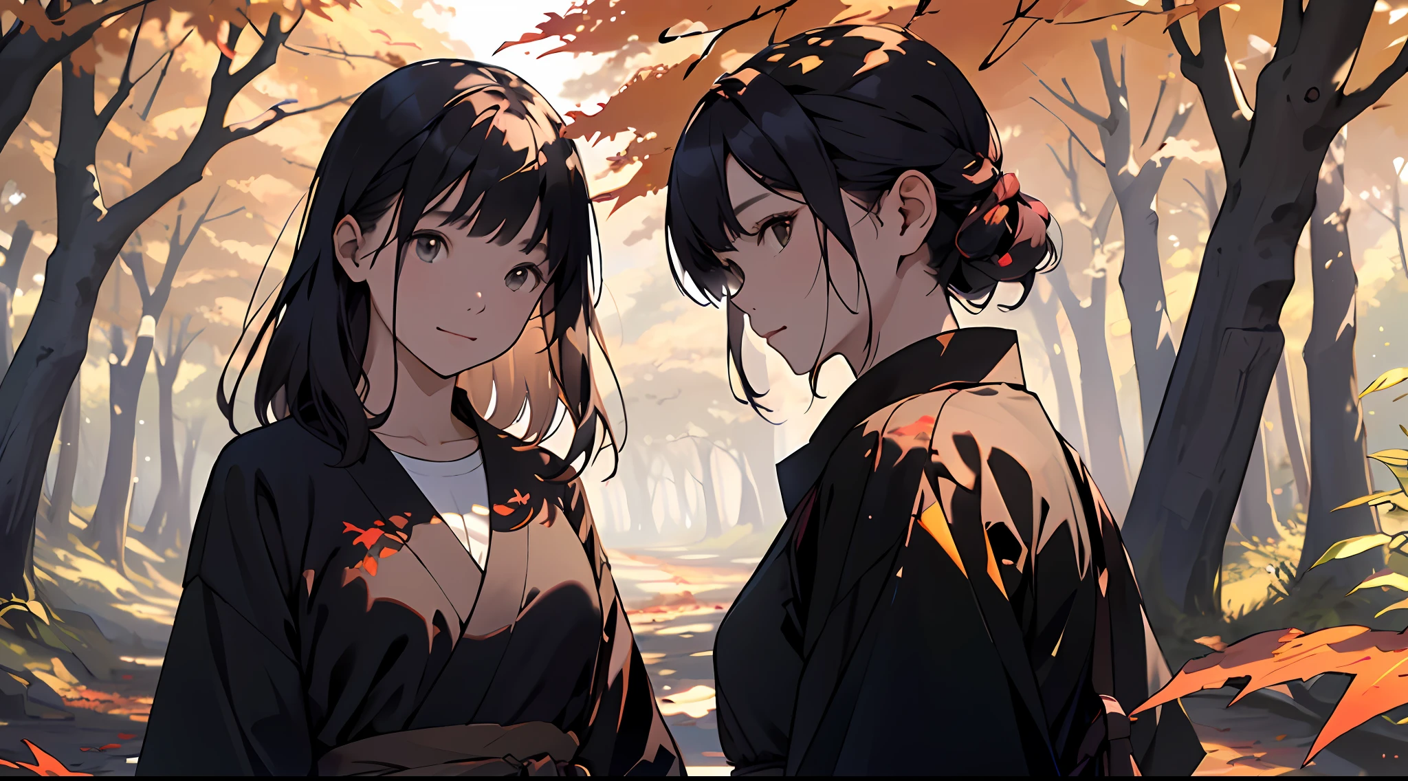 realisitic、((Forest of autumn leaves))、Woman in the forest and sunshine, a 20 yo woman、shorth hair, Nice hairstyle, Nice clothes、Looking at the camera、Colored leaves
