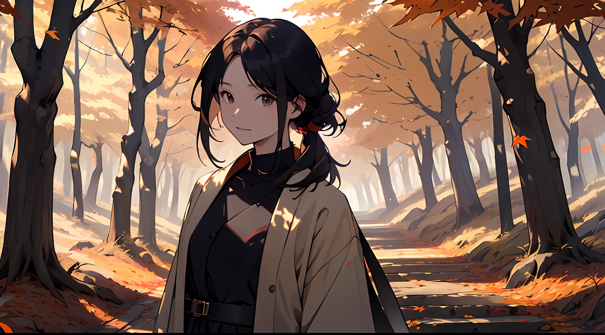 realisitic、((Forest of autumn leaves))、Woman in the forest and sunshine, a 20 yo woman、shorth hair, Nice hairstyle, Nice clothes、Looking at the camera、Colored leaves