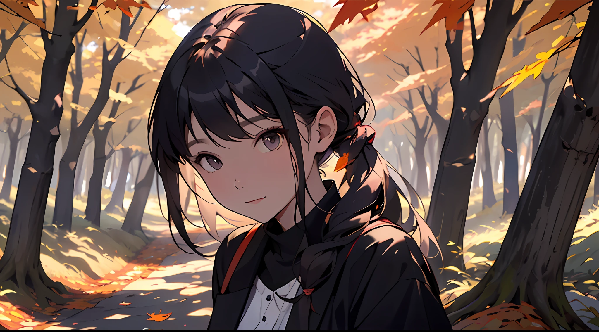 realisitic、((Forest of autumn leaves))、Woman in the forest and sunshine, a 20 yo woman、shorth hair, Nice hairstyle, Nice clothes、Looking at the camera、Colored leaves