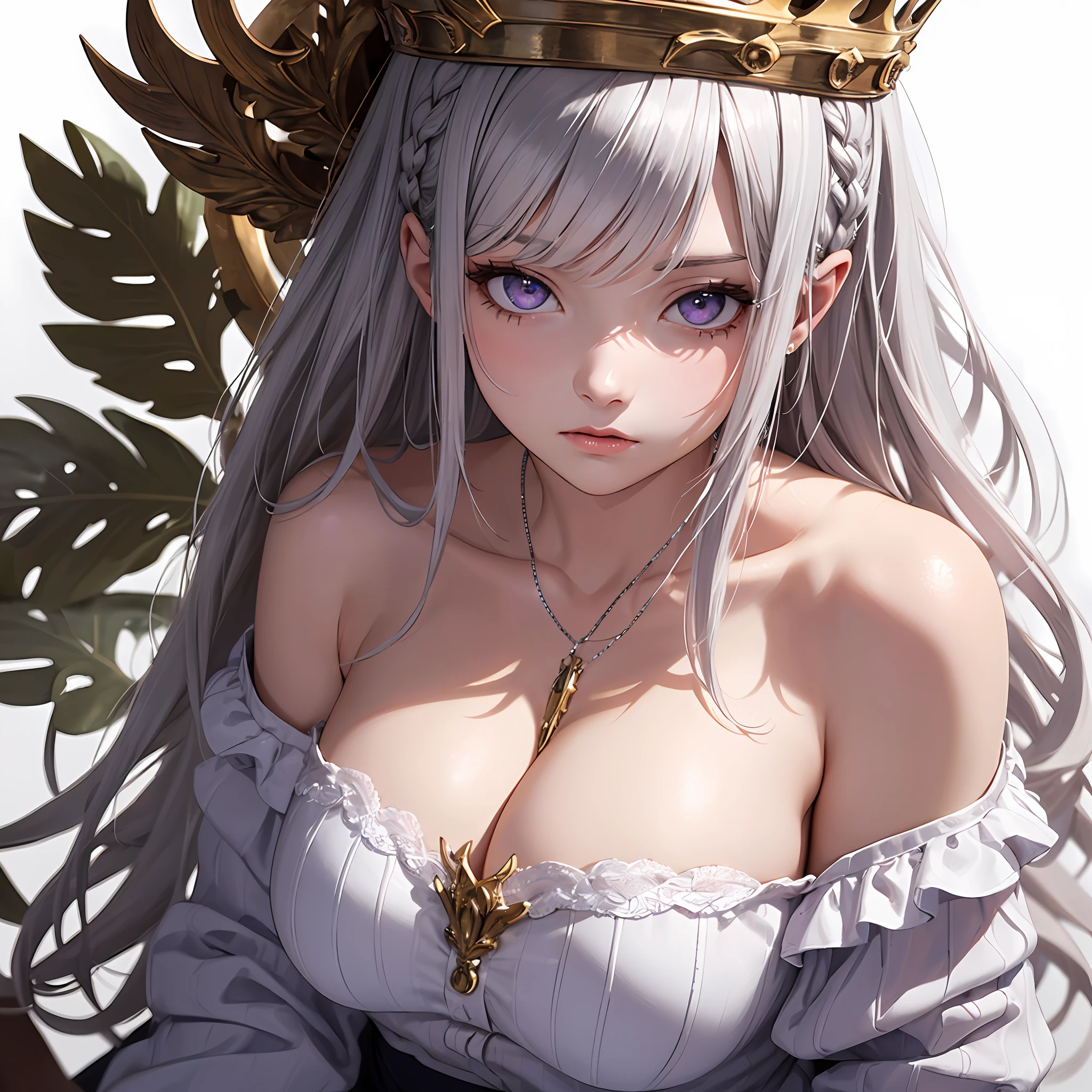 Top Quality, Very Detailed, Masterpiece, Super Detailed, (Real: 1.2), 1 Girl, (White Background), Simple Background, Delicate Eyes, Silver Hair, Purple Eyes, hair_ornament, (White Off-Shoulder Shirt: 1.3), Long Hair, pointy_ears, crown_braid, Expressionless, Straight Hair, (Sitting: 1.2++), , --auto