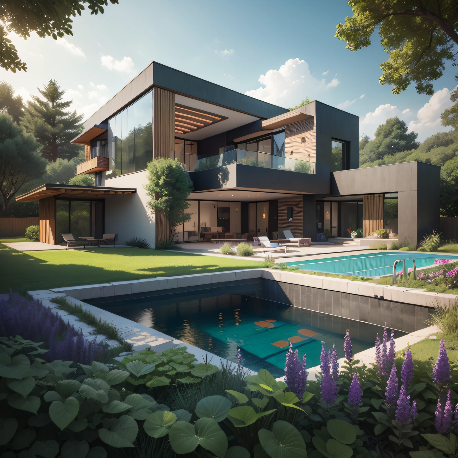Organic modern architecture on a fairly large plot, from , there is a swimming pool in the middle of a large house of a flower, color of the house in chocolate brown and black beams, large modern residence, flat roofs and garden, render luxcore, render oktane, a photorealistic rendering, architectural rendering, mantra rendering, architectural rendering, realistic rendering, architectural visualization, wellness pool, Architectural visualization, large green zones, with small zones of lavender flowers, green shrubs type lush green garden, as well as small water mirrors, swimming pool embedded in an area of sand, olive and pine trees around the house, paddle court next to the house