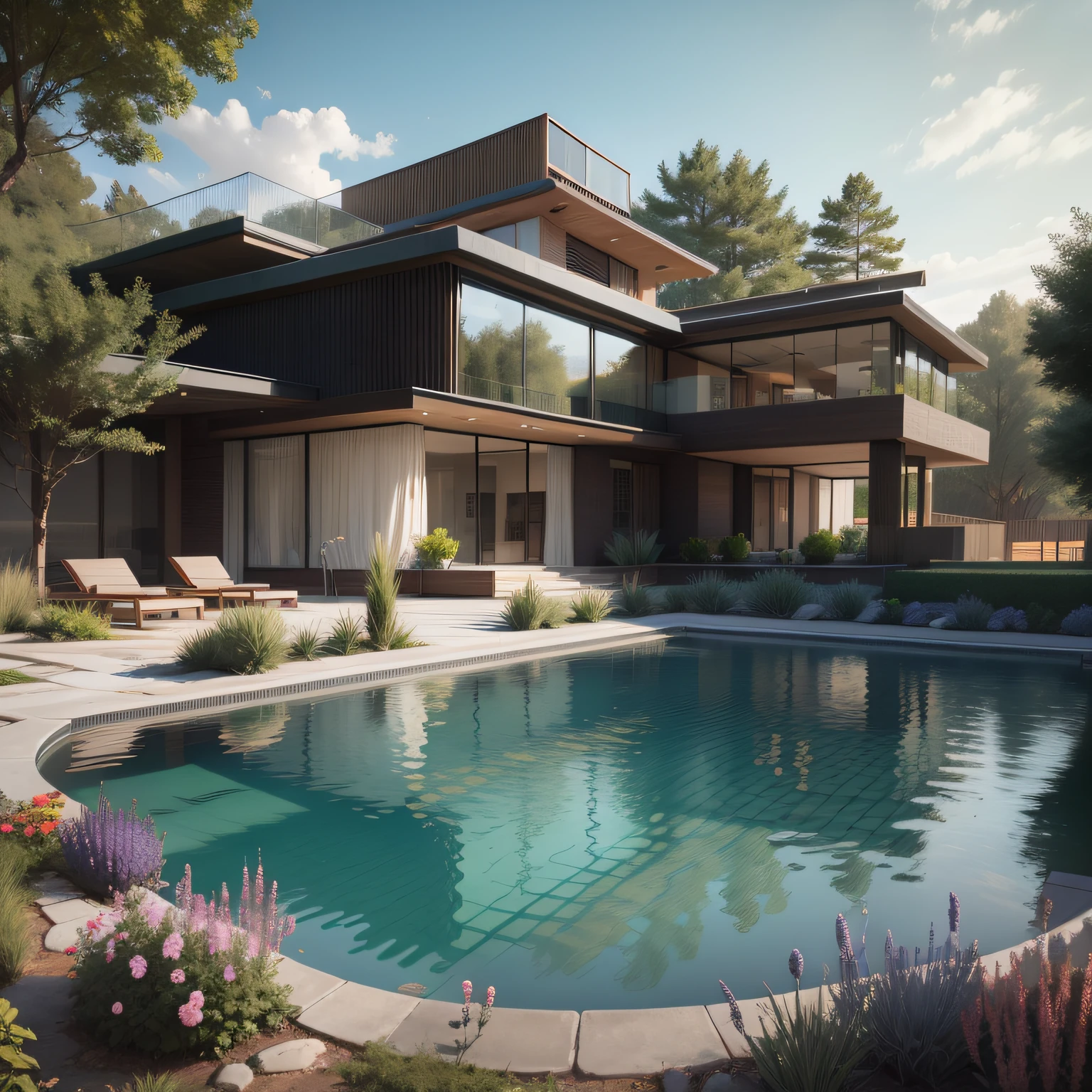 Organic modern architecture on a fairly large plot, from , there is a swimming pool in the middle of a large house of a flower, color of the house in chocolate brown and black beams, large modern residence, flat roofs and garden, render luxcore, render oktane, a photorealistic rendering, architectural rendering, mantra rendering, architectural rendering, realistic rendering, architectural visualization, wellness pool, Architectural visualization, large green zones, with small zones of lavender flowers, green shrubs type lush green garden, as well as small water mirrors, swimming pool embedded in an area of sand, olive and pine trees around the house, paddle court next to the house