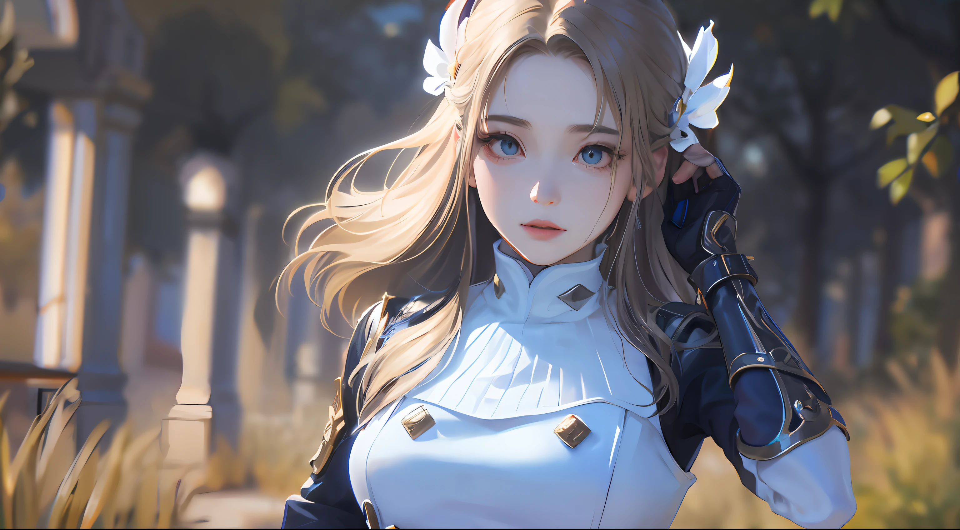 8K masterpiece superlative, anime woman, cold wind realistic portrait, sister, light blond long hair woman, long hair, light pink lips, calm and rational bangs, blue pupils, flower background, petals dancing, delicate face
