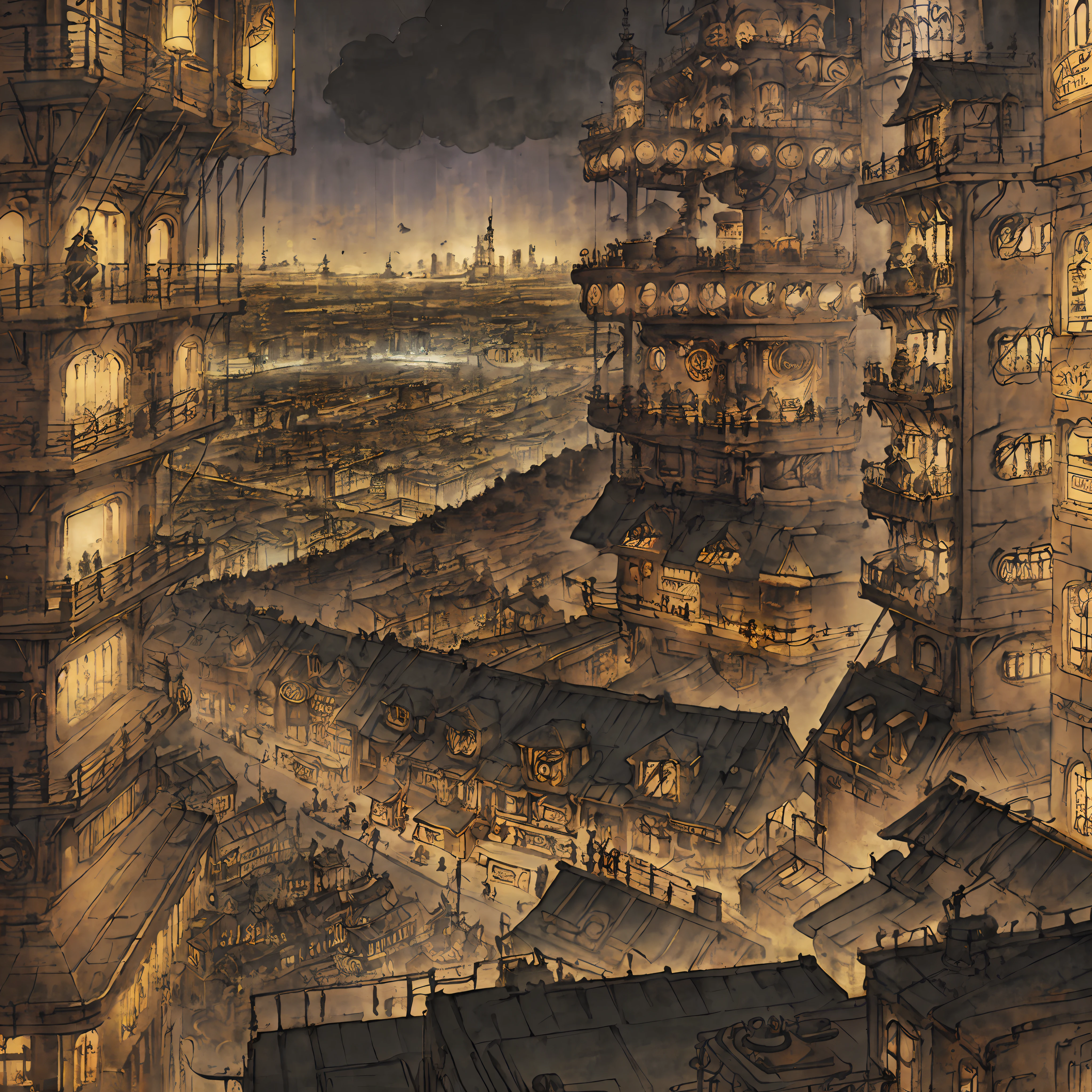 Beautiful futuristic cityscape packed with 3D, 2D and steampunk elements、Dreamy views of steampunk tower architecture and magical elements、Vivid HD anime cityscape、Animated landscape concept art、Gorgeous Golden Steampunk City、Steampunk city with anime-style fantasy artwork、neon light