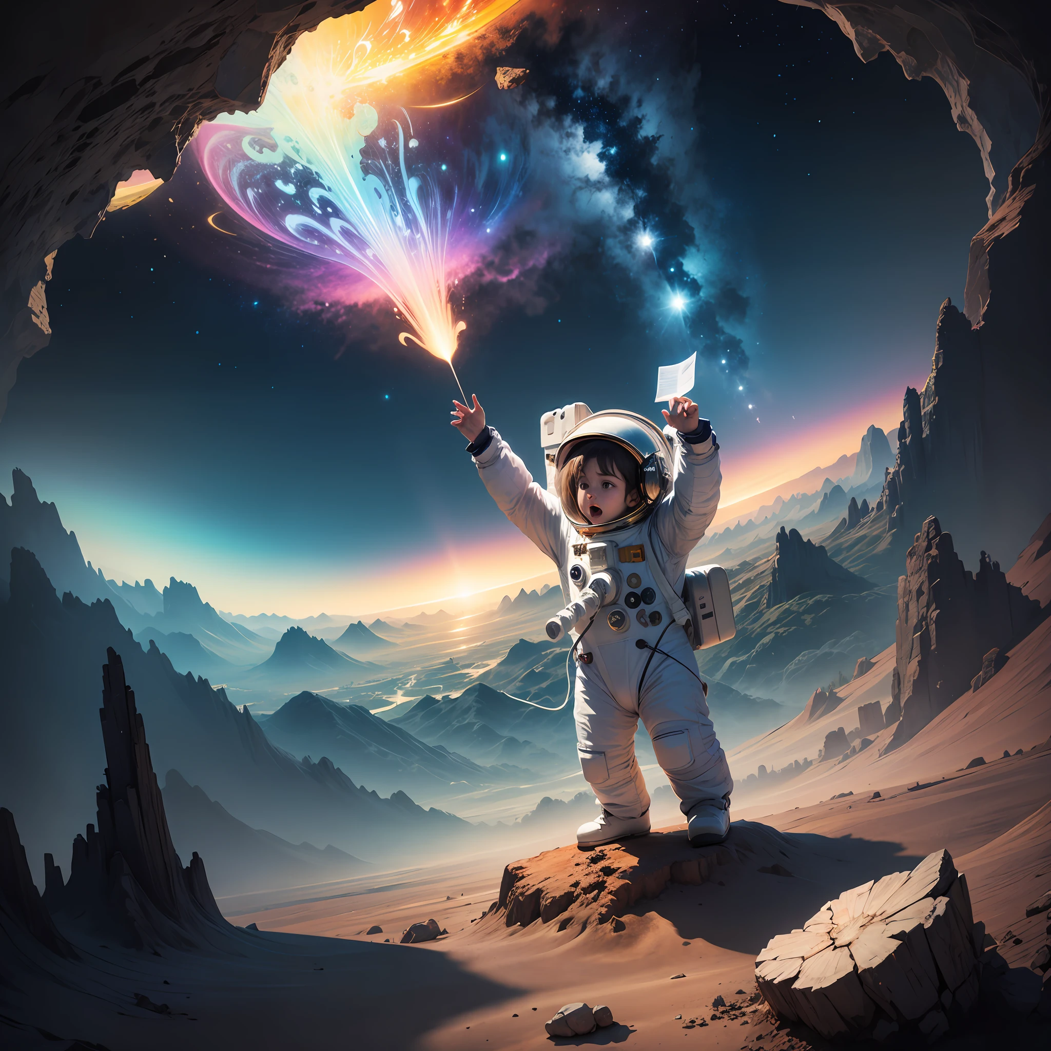Astronaut boy with arms raised looking at a multicolored magical landscape --auto