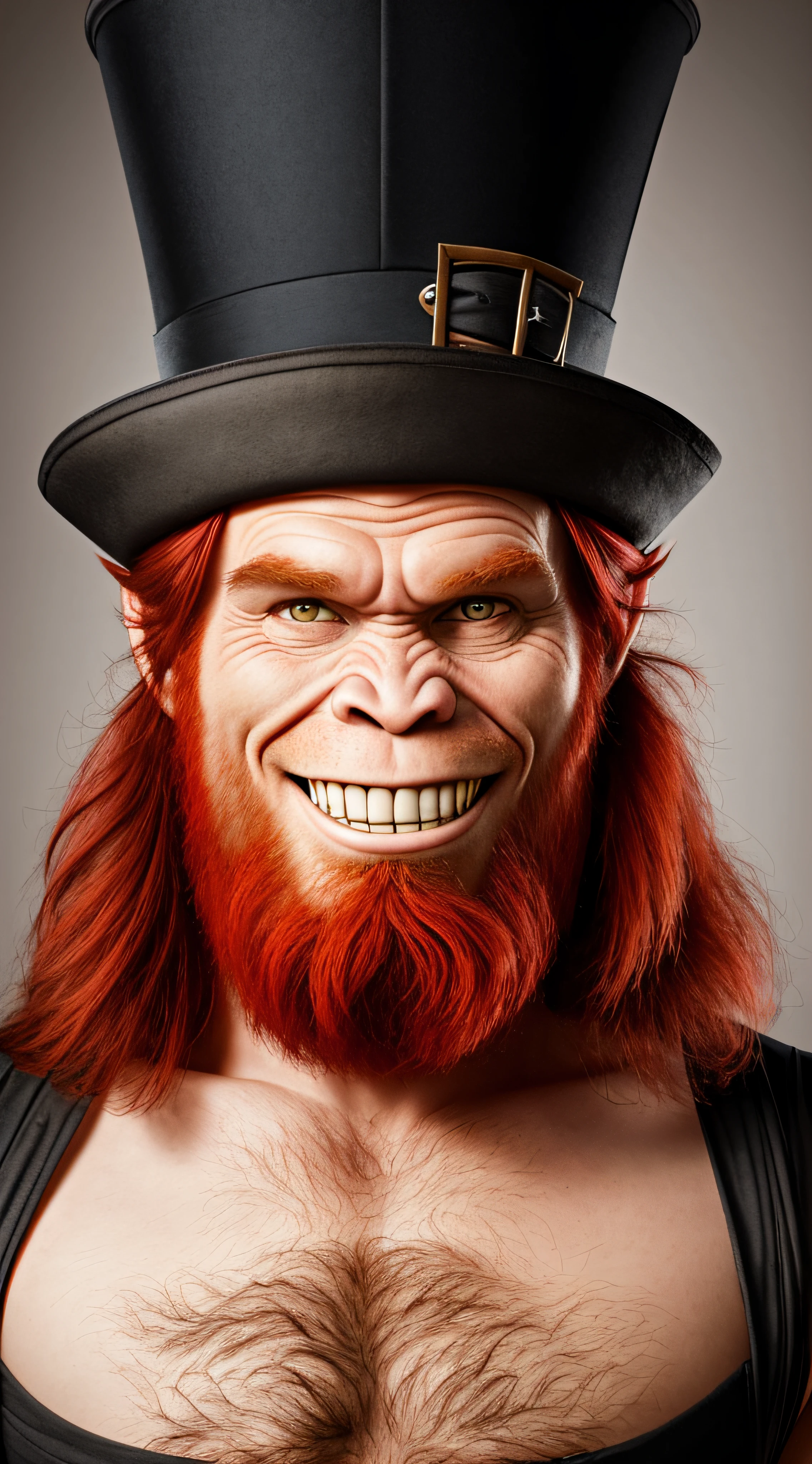 Face of a red-haired old Viking chimpanzee wearing a Gothic top hat, sarcastic smile
