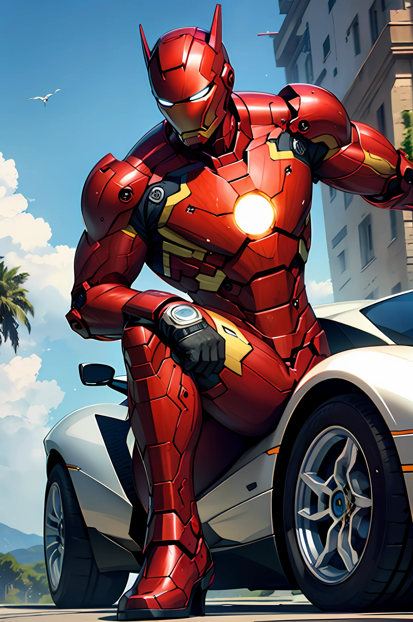 Sonic sits in a Lamborghini,Met Iron Man, --auto