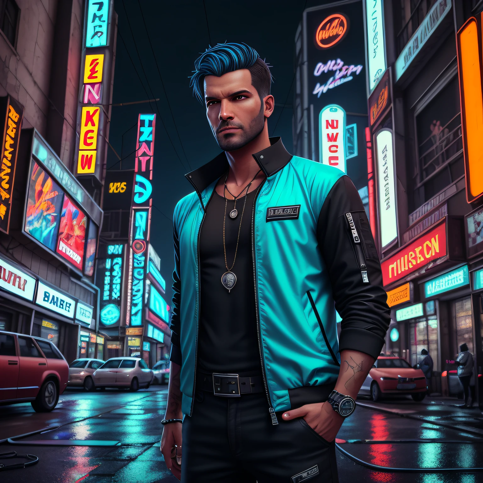 A Cyberpunk Fixer with burn scars. He wears edgerunner clothing with glowing blue accents, he is clean shaven and keeps his hair short and neat. His hair color is Salt and pepper brown. He has glowing cyan eyes. He is about 30 years old. He is very well groomed and has no facial hair. He is standing in the neon streets of Night City during the rain. Half body portrait. He wears a blue shirt underneath his jacket. He has a necklace with a bullet pendant. Ultrarealistic --auto