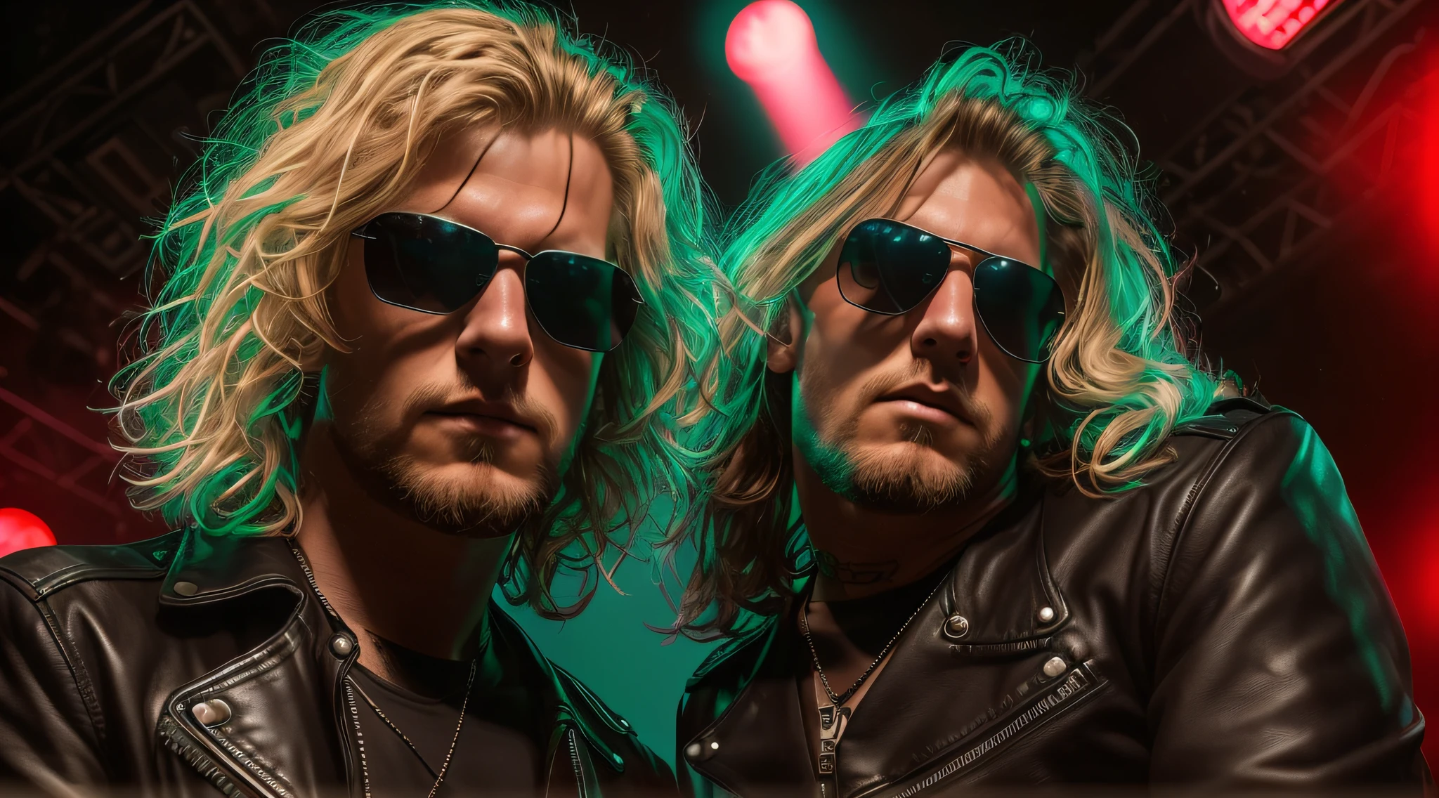 3 BLONDE BOYS LONG HAIRED, in black leather jackets and sunglasses, HALF BODY, SOFT RED BACKGROUND LIGHTS, posing for a photo, high quality photo, very low quality image, heavy rock band promotional photo, phosphorescent, heavy metal band promo, photo of a promotional session, very high quality, war photo, the scooter (EDM band, sinister vibe, the name of the band is Roborock