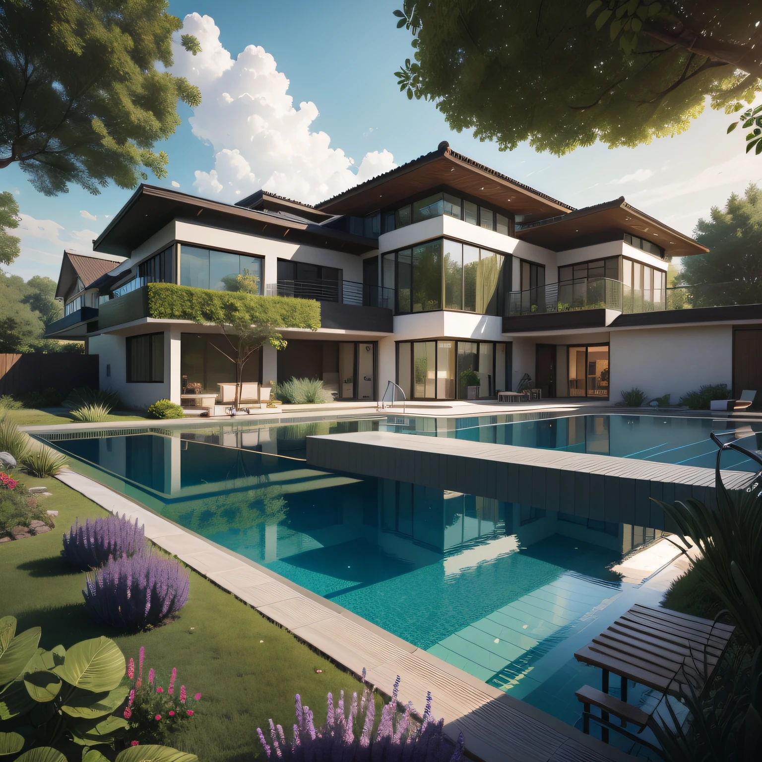 Organic modern architecture on a fairly large plot, from , there is a swimming pool in the middle of a large house of a flower, color of the house in chocolate brown and black beams, large modern residence, flat roofs and garden, render luxcore, render oktane, a photorealistic rendering, architectural rendering, mantra rendering, architectural rendering, realistic rendering, architectural visualization, wellness pool, Architectural visualization, large green zones, with small zones of lavender flowers, green shrubs type lush green garden, as well as small water mirrors, swimming pool embedded in an area of sand, olive and pine trees around the house, paddle court next to the house