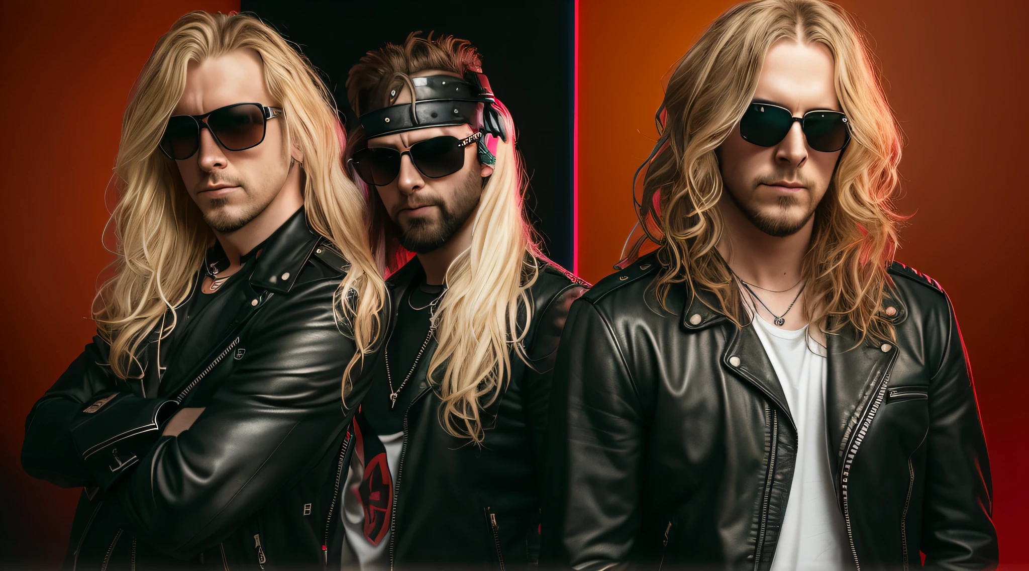 3 BLONDE BOYS LONG HAIRED, in black leather jackets and sunglasses, HALF BODY, SOFT RED BACKGROUND LIGHTS, posing for a photo, high quality photo, very low quality image, heavy rock band promotional photo, phosphorescent, heavy metal band promo, photo of a promotional session, very high quality,  war photo, the scooter (EDM band, sinister vibe, the name of the band is Roborock