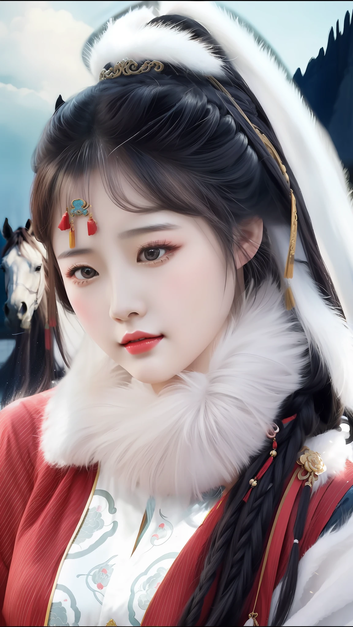 Aravi woman in red and white clothes and horses, Chinese girl, Palace ， A girl in Hanfu, Chinese woman, Traditional beauty, a beautiful fantasy empress, Chinese style, China Princess, Chinese traditional, Beautiful character painting, Inspired by Qiu Ying, Inspired by Lan Ying, inspired by Zhang Yan, inspired by Li Mei-shu