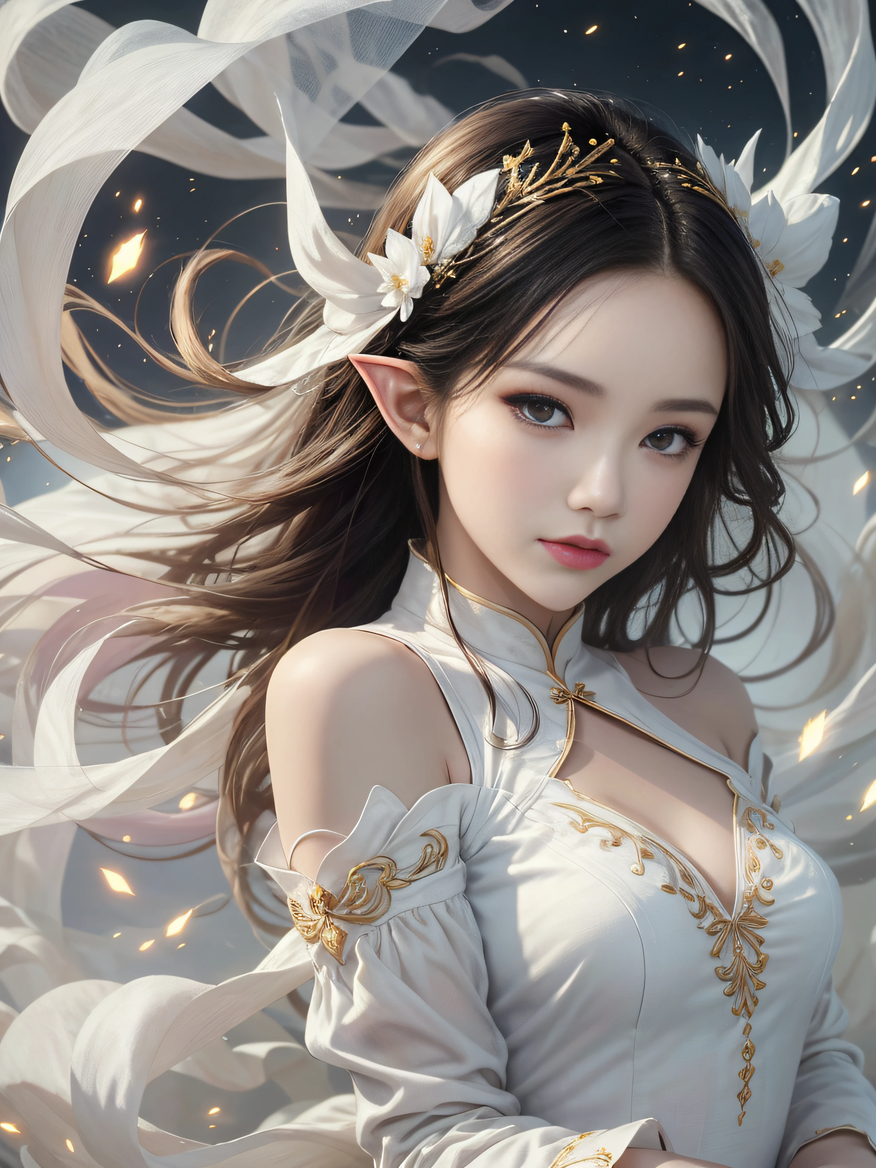 (Masterpiece, Top Quality, Best, Official Art, Beautiful and Aesthetic, Long Exposure: 1.2), Smooth Movement, Charming Patterns, 1 Girl, (Long Dress with Sleeves: 1.3), (((White Clothes) )), upper body close-up, bare shoulders, Chinese girl, blush, black lob hair, portrait, solo, upper body, looking at the observer, detailed background, detailed face, (crystallineAI, crystalline theme:1.1), elemental wind elves, rotation Wind, control the wind, white crystal clothing, dynamic pose, floating particles, ethereal dynamics, whirlwind, vapor, whirlwind in the background, white tone, whirlwind, ethereal atmosphere,