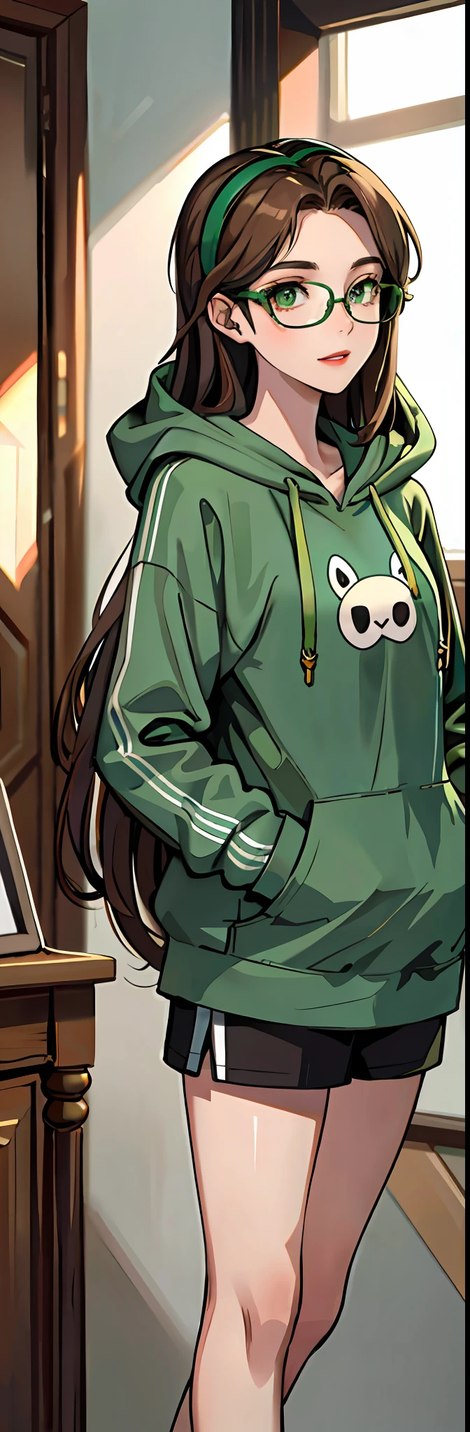 (masterpiece:1.2, best quality), (1lady, solo:1.2), brown hair, long hair, glasses, green eyes, headphone, green hoodie, room